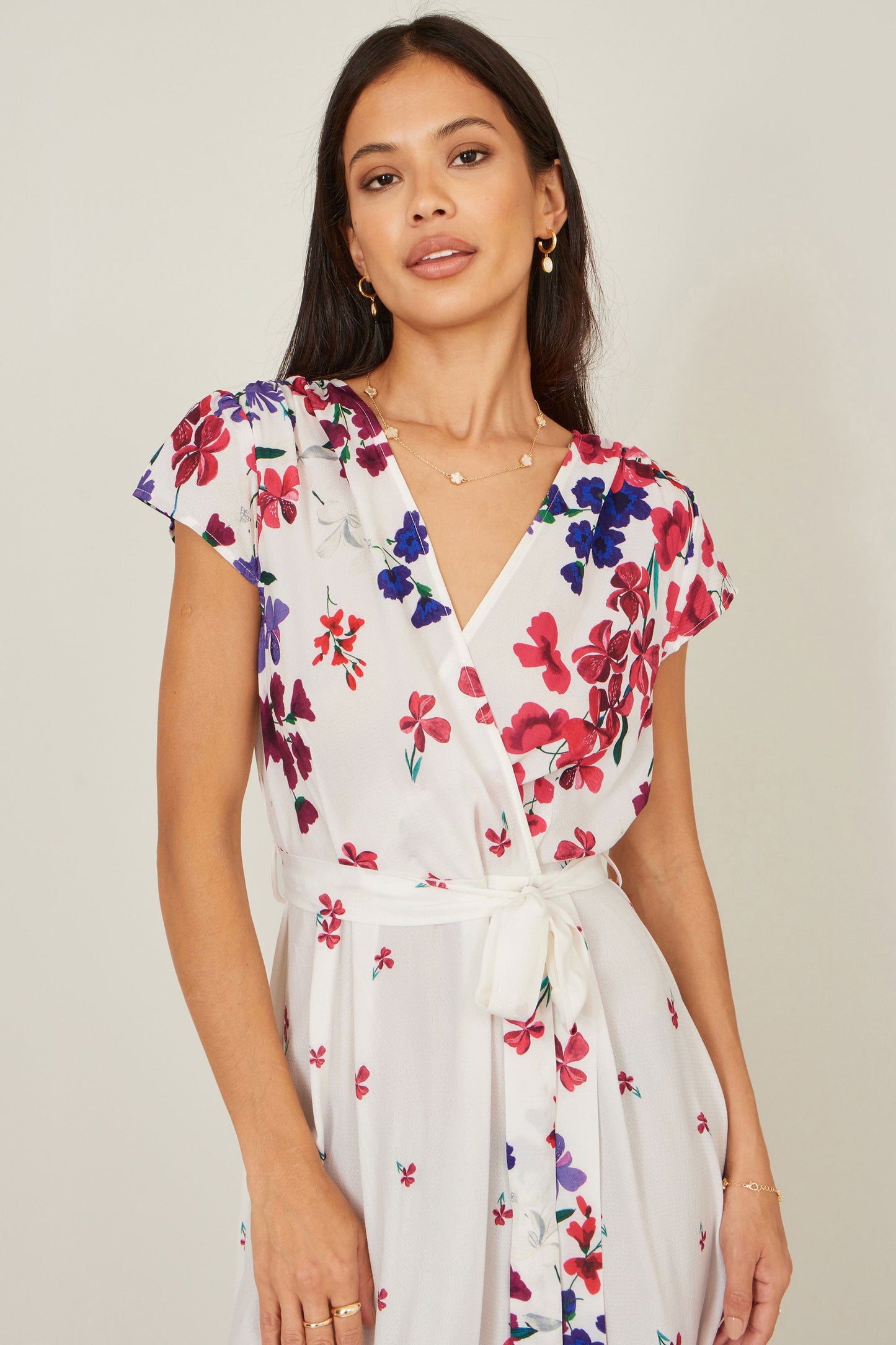 Ivory Floral Mirror Wrap Dress With Dip Hem