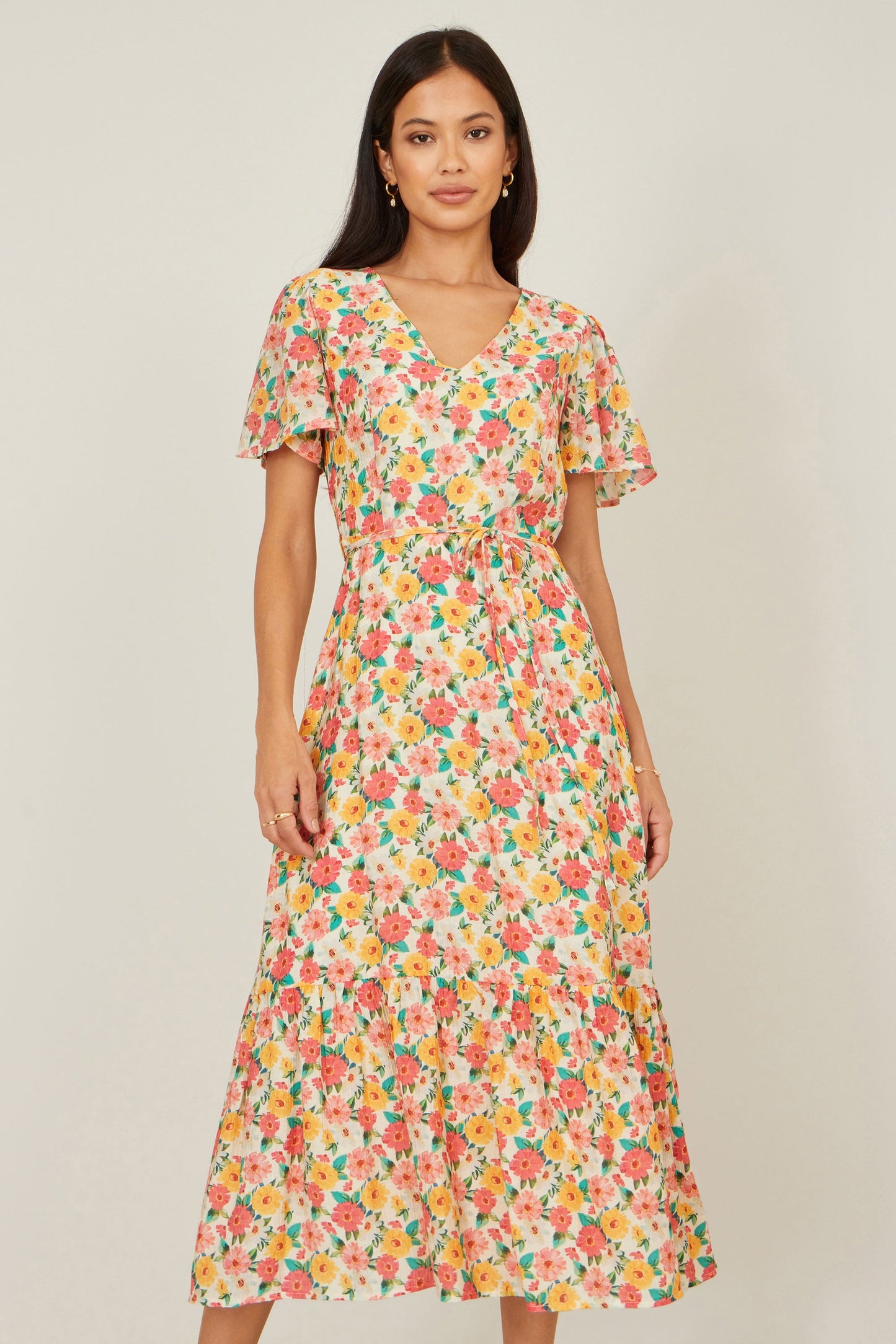 Multicolour Midi Tea Dress With Angel Sleeves