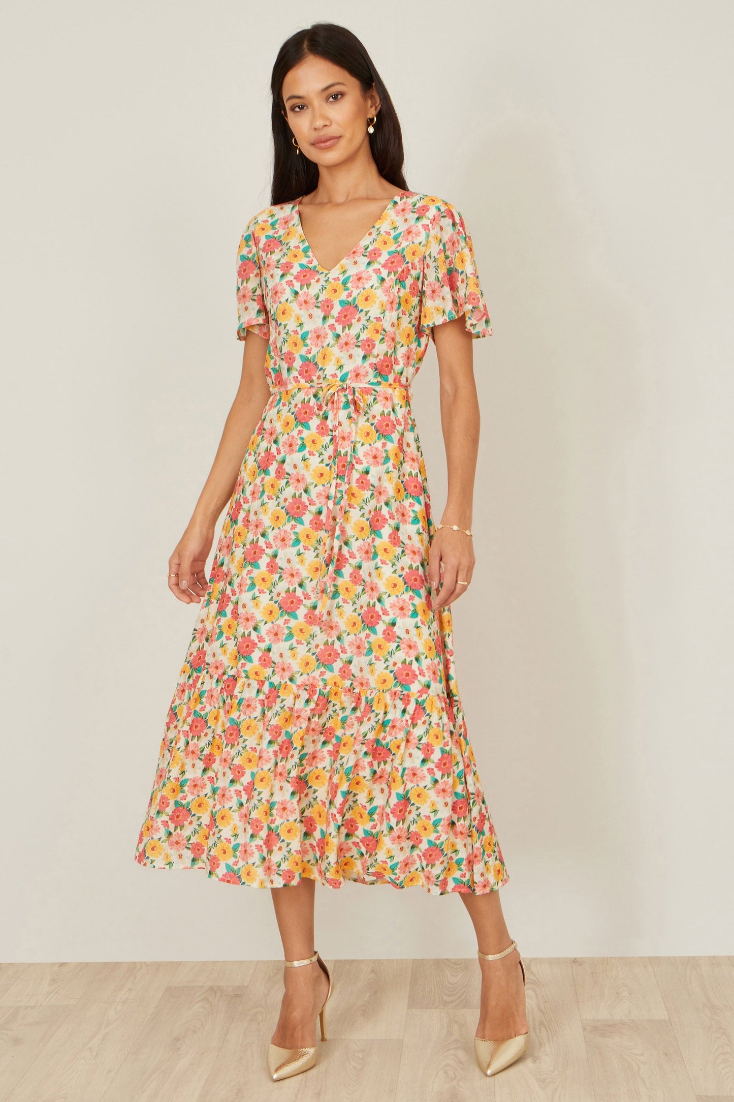 Multicolour Midi Tea Dress With Angel Sleeves
