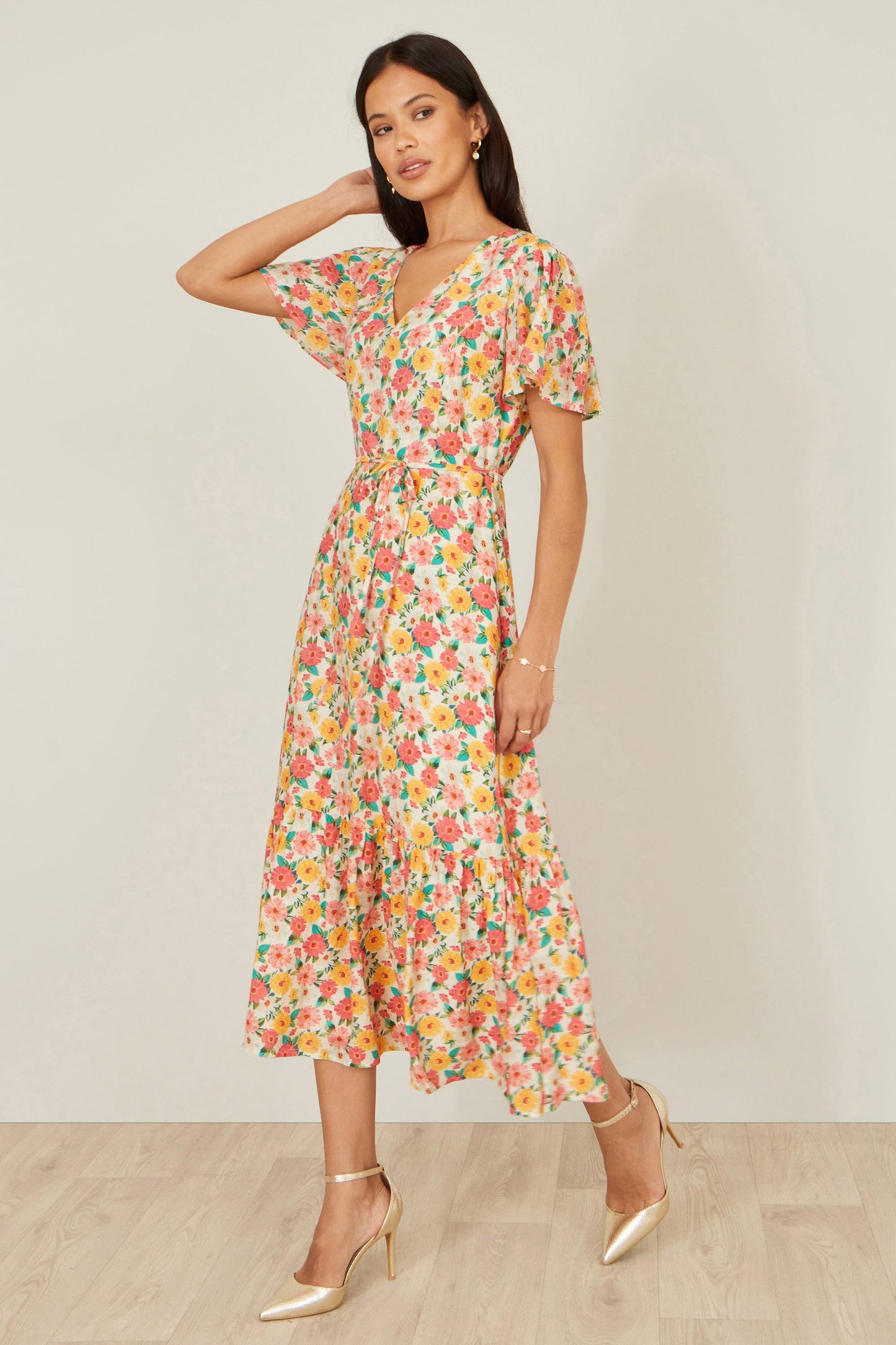 Multicolour Midi Tea Dress With Angel Sleeves