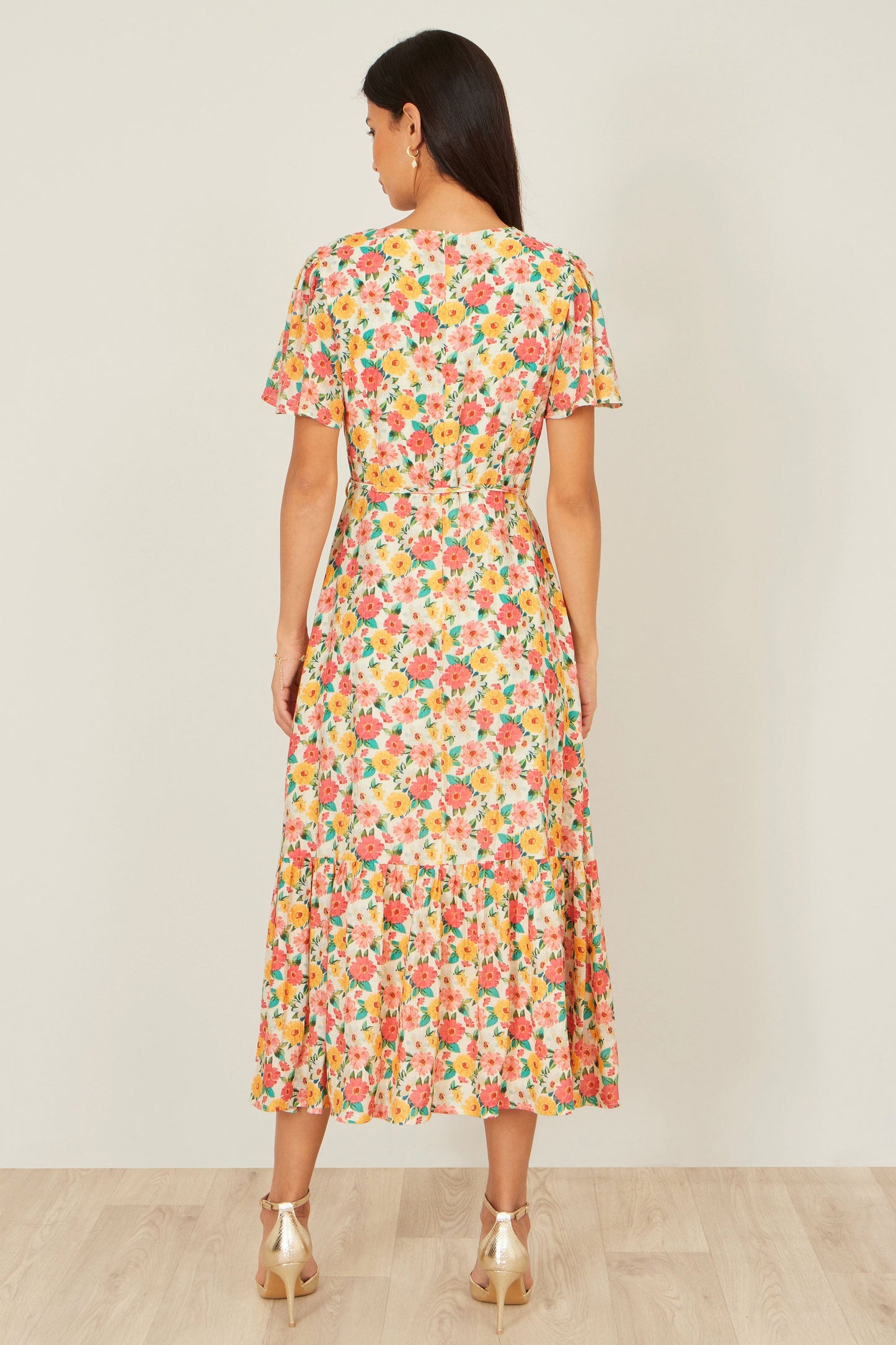 Multicolour Midi Tea Dress With Angel Sleeves