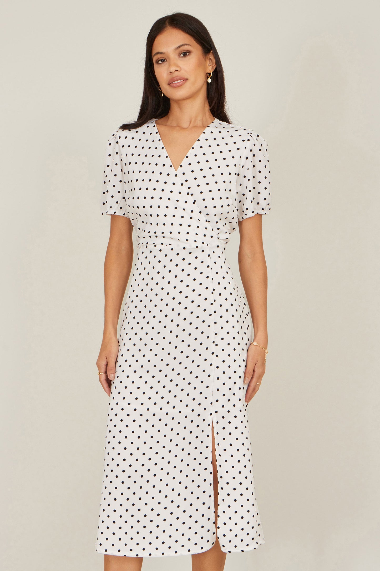 White Spot Print Wrap Tea Dress