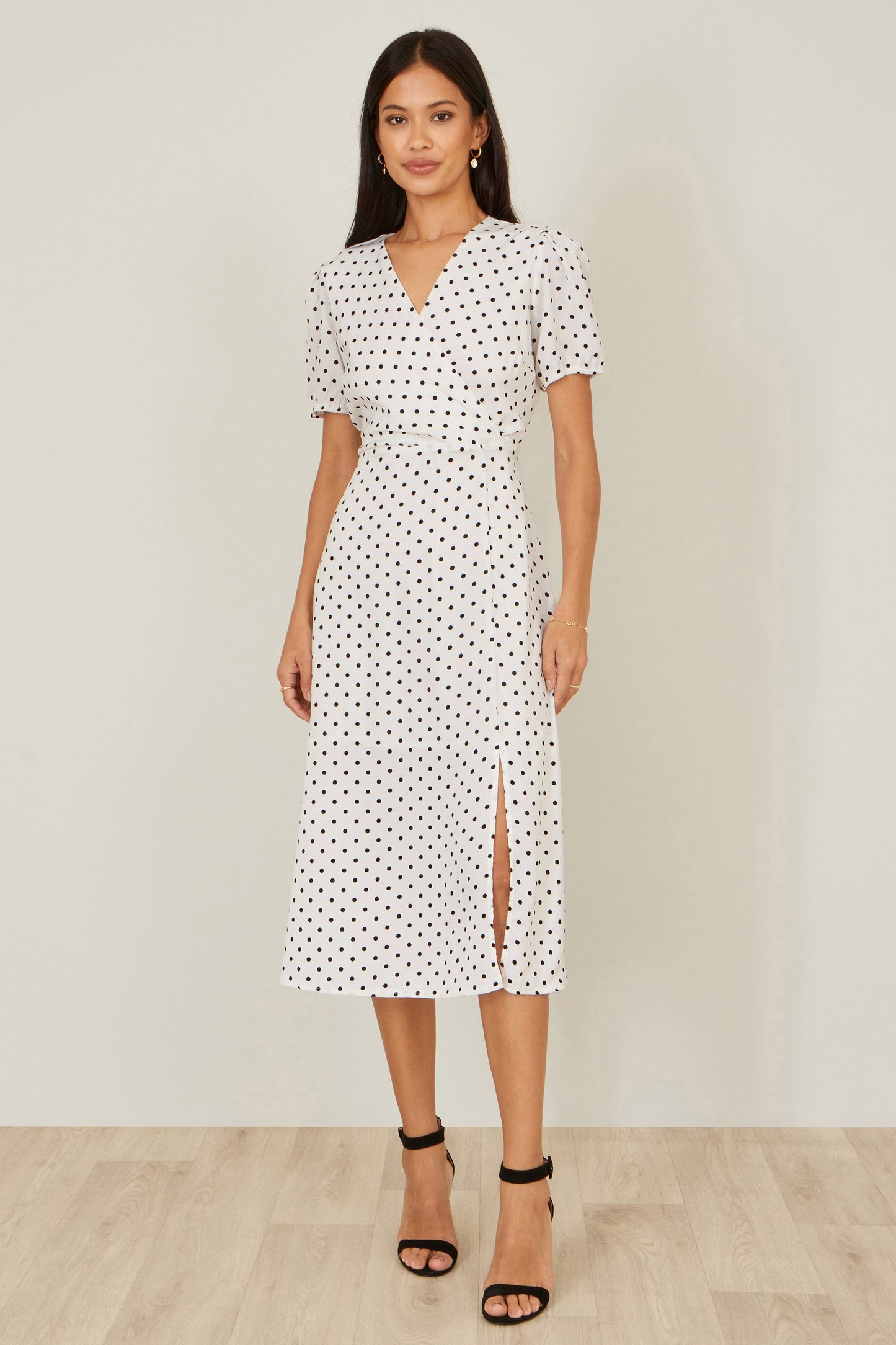 White Spot Print Wrap Tea Dress