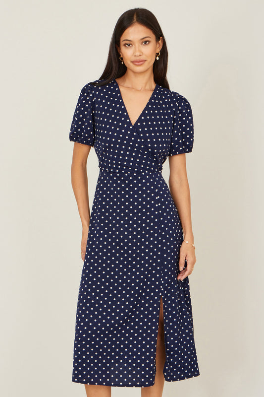 Navy Spot Wrap Midi Tea Dress