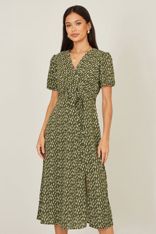 Green Spot Wrap Midi Tea Dress
