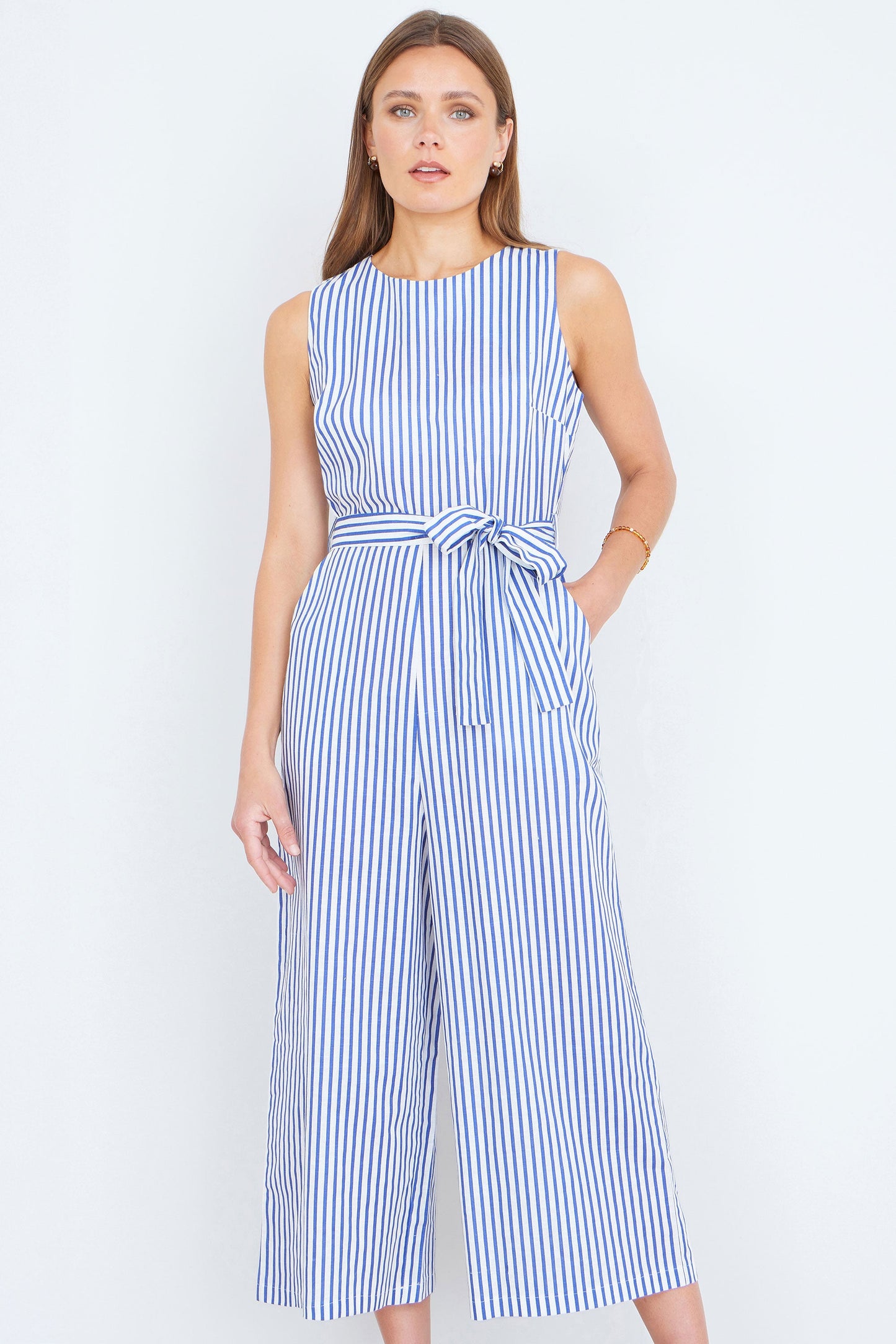 Blue Cotton Stripe Culotte Jumpsuit