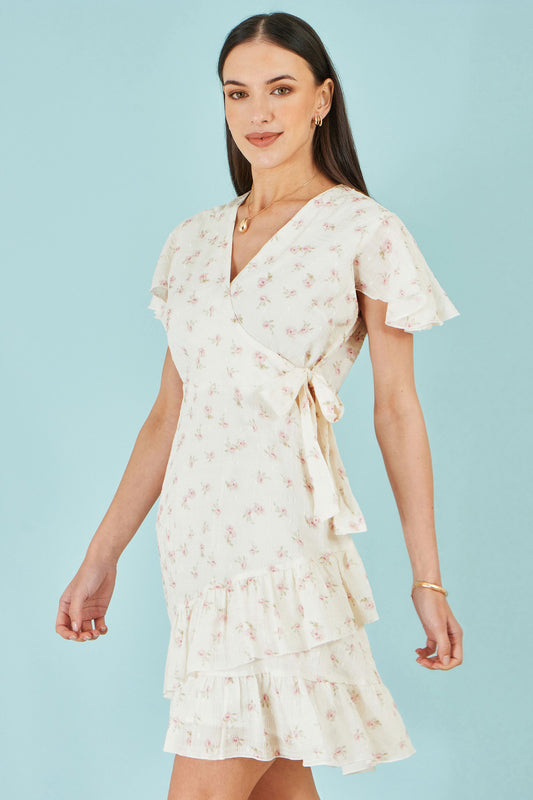 White Rose Print Wrap Over Frill Dress