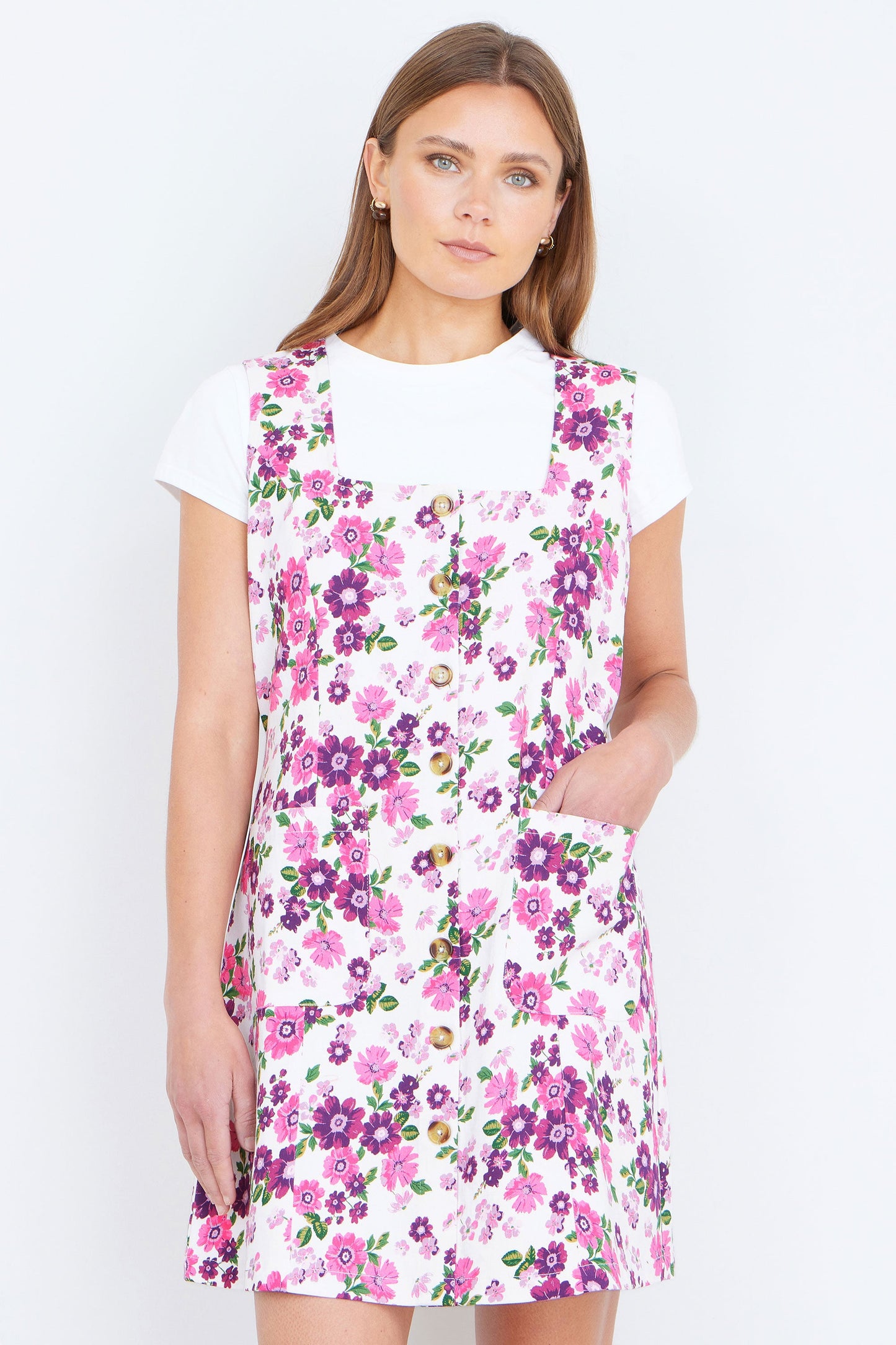 Pink Retro Floral Cotton Stretch Pinafore Dress