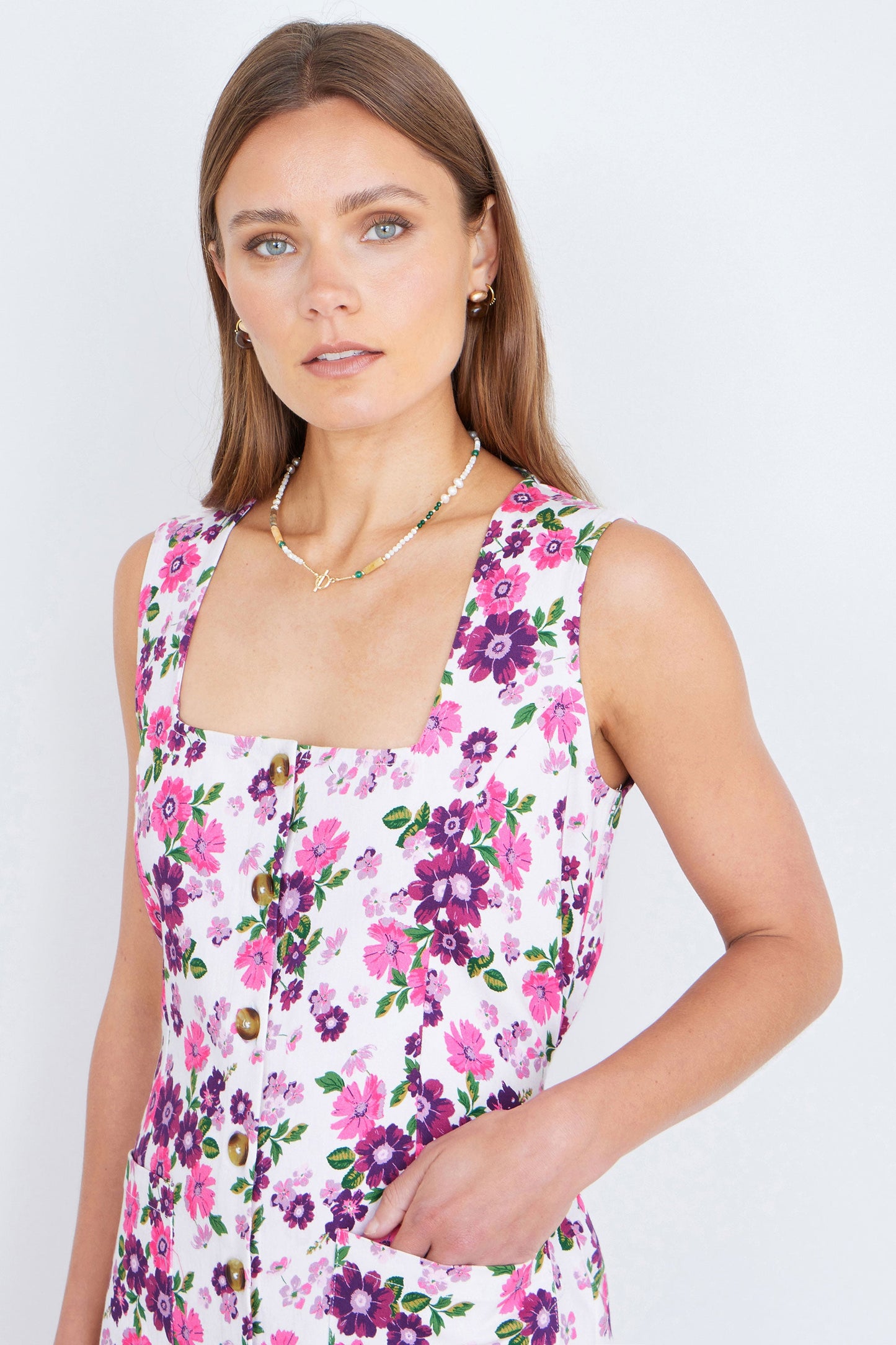 Pink Retro Floral Cotton Stretch Pinafore Dress