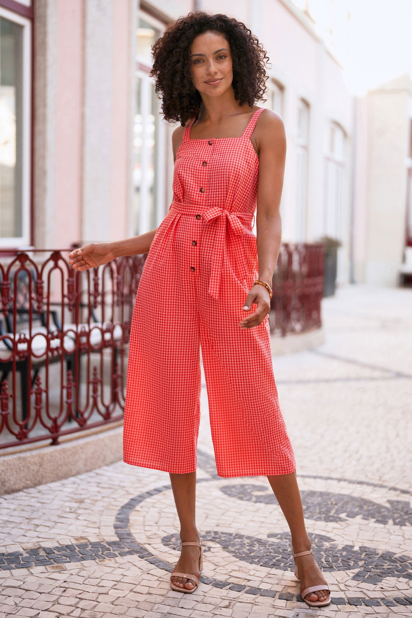 Red Gingham Button Through Jumpsuit