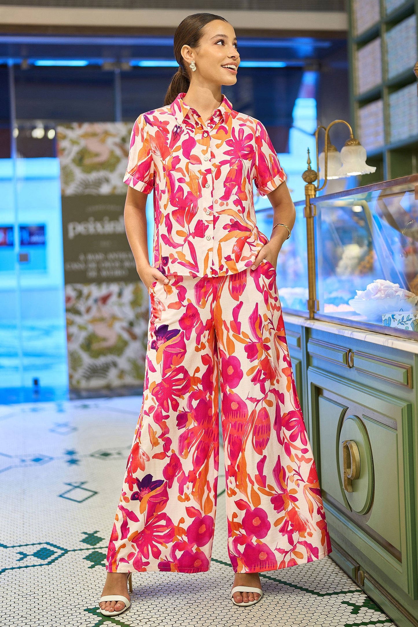 Pink Abstract Floral Wide Leg Trousers