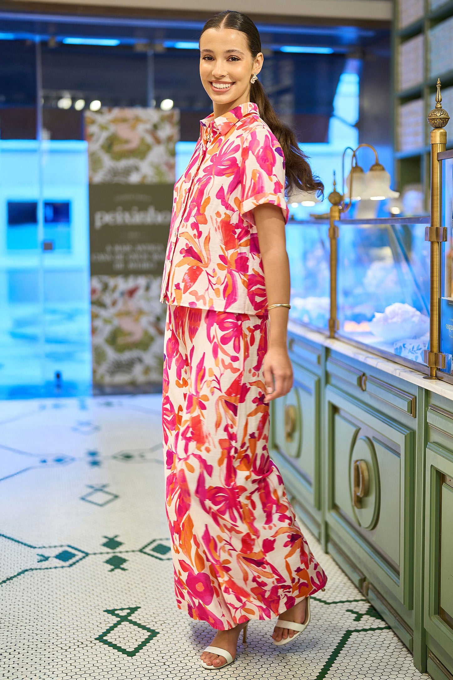 Pink Abstract Floral Wide Leg Trousers