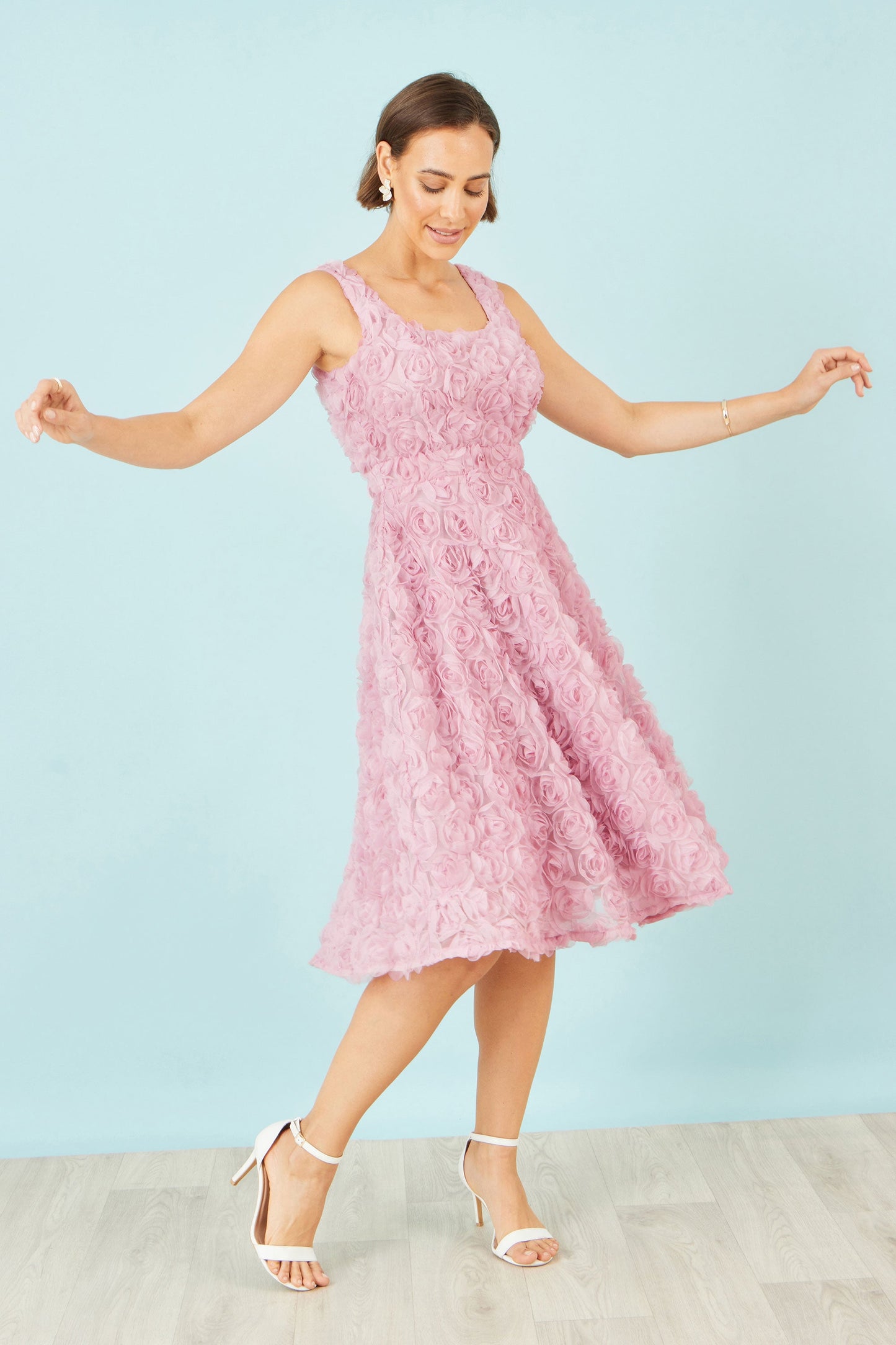 Pink Applique Floral Skater Dress
