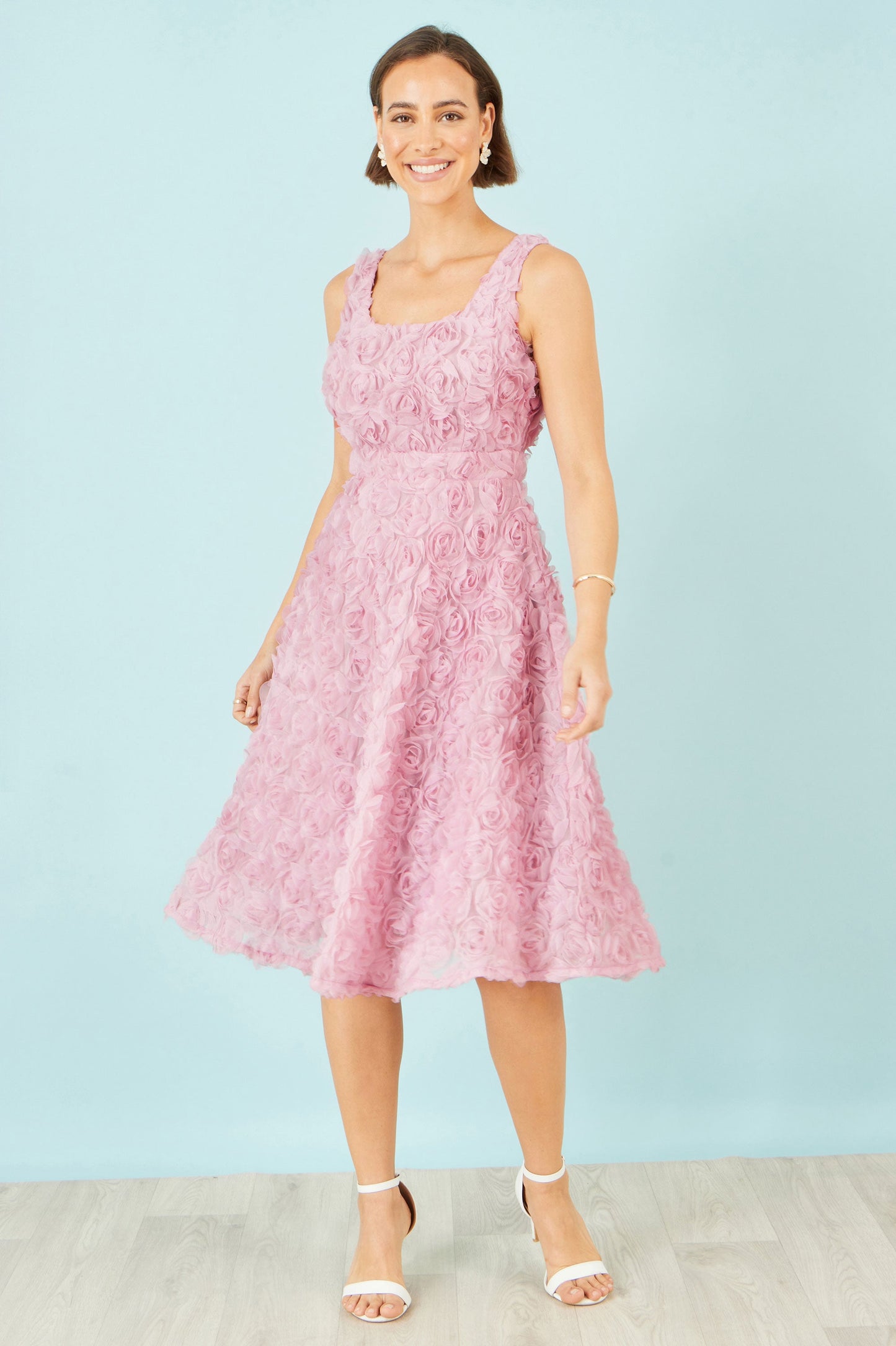 Pink Applique Floral Skater Dress