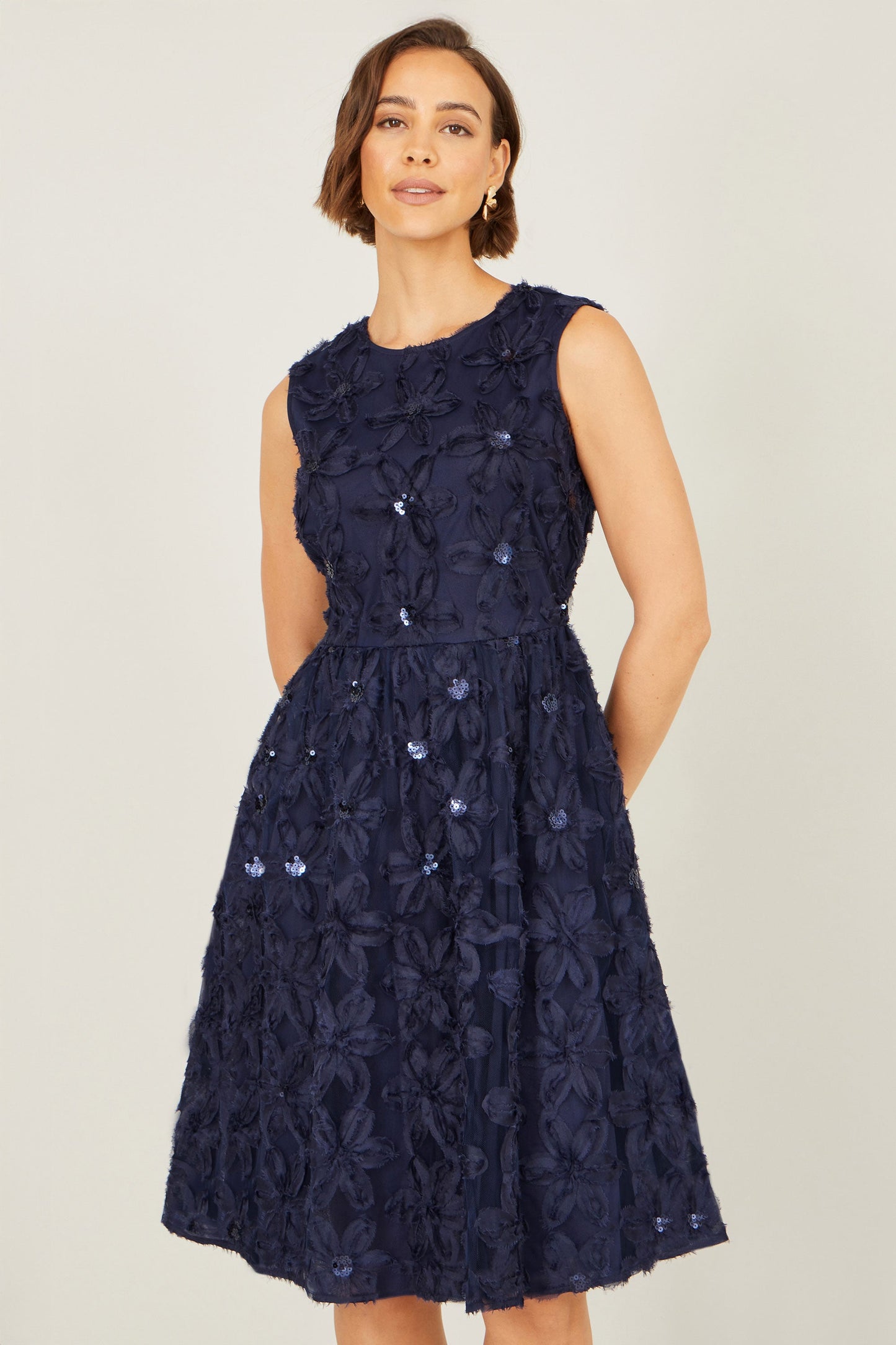 Navy Sequin Detail Floral Applique Skater Dress