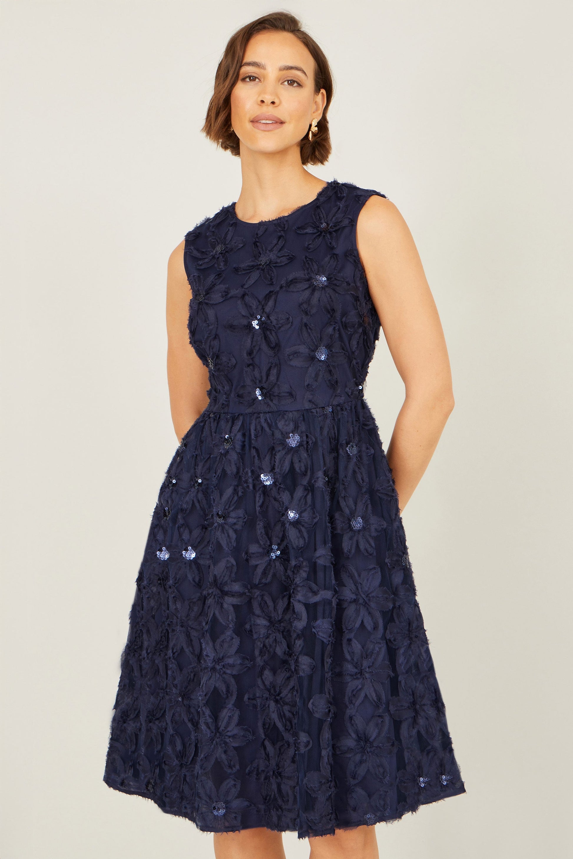 Navy Sequin Detail Floral Applique Skater Dress