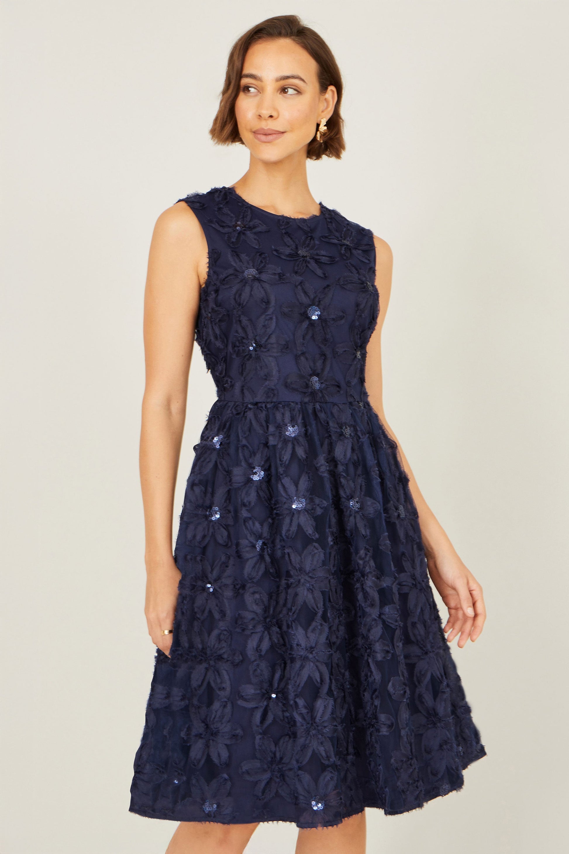 Navy Sequin Detail Floral Applique Skater Dress