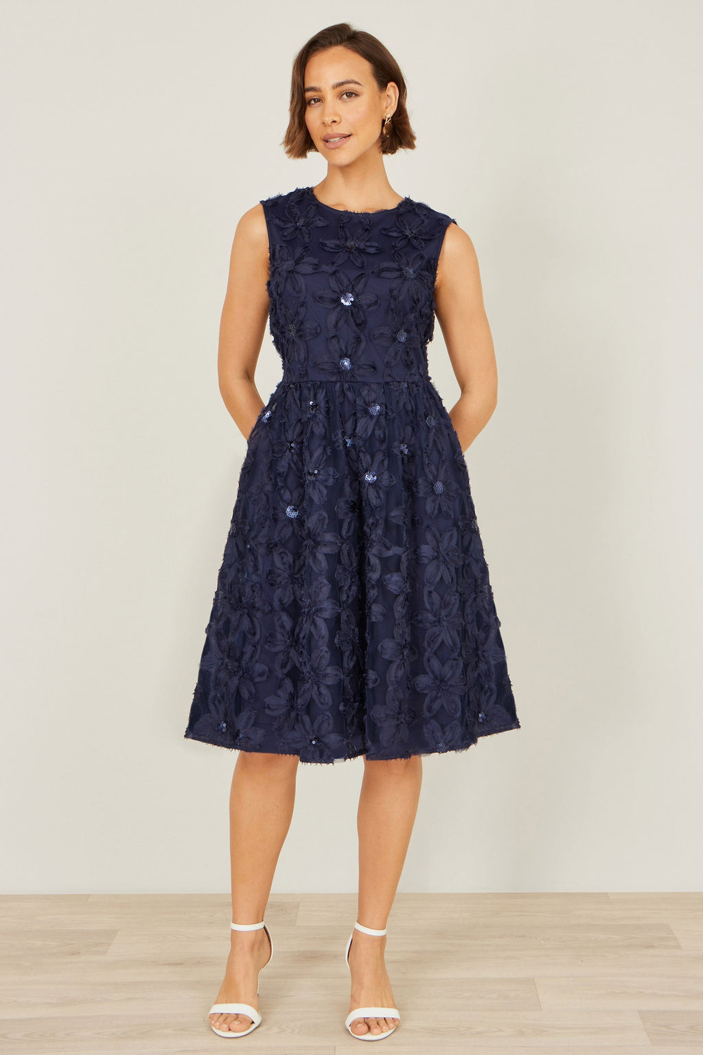 Navy Sequin Detail Floral Applique Skater Dress