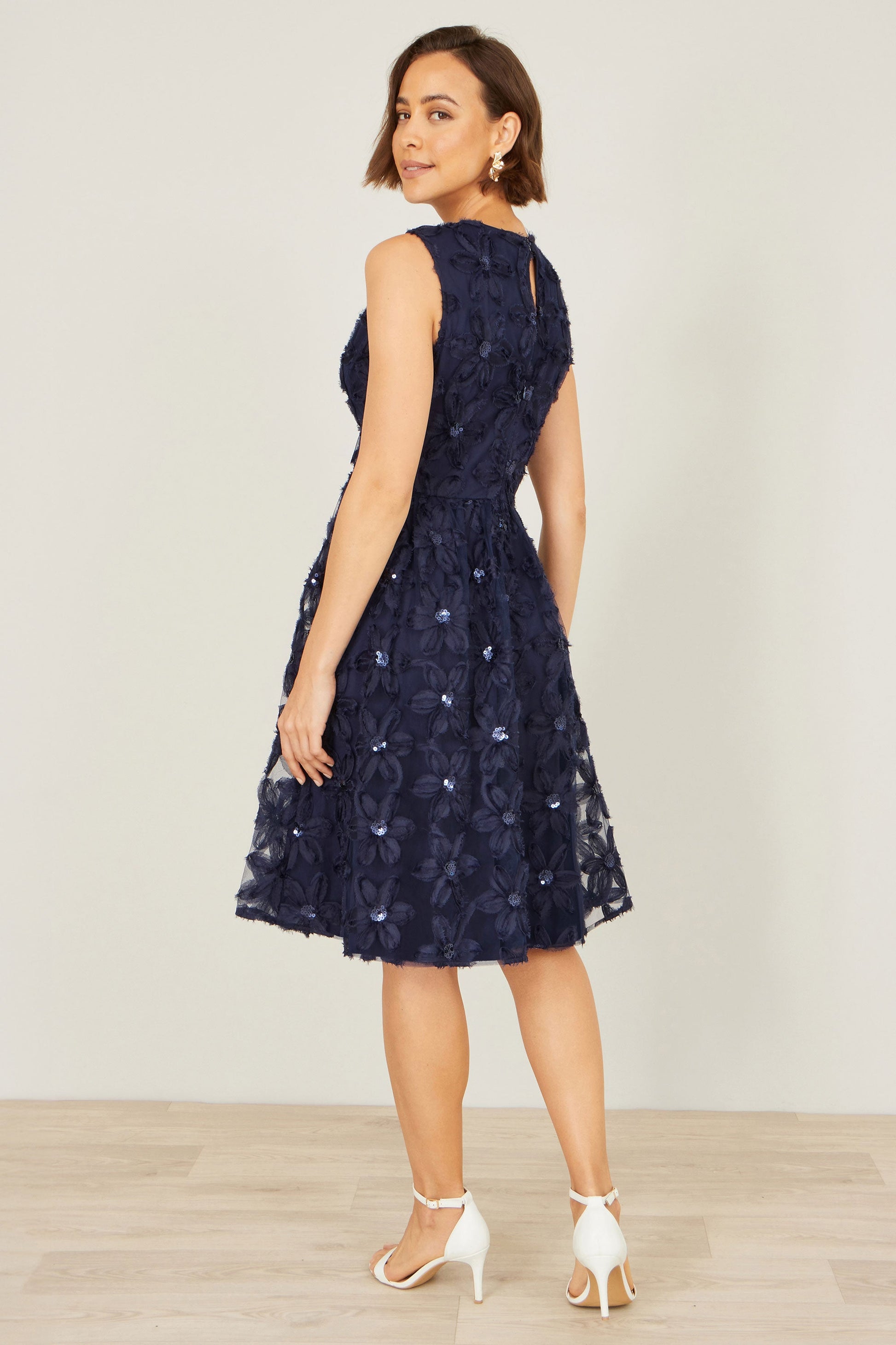 Navy Sequin Detail Floral Applique Skater Dress