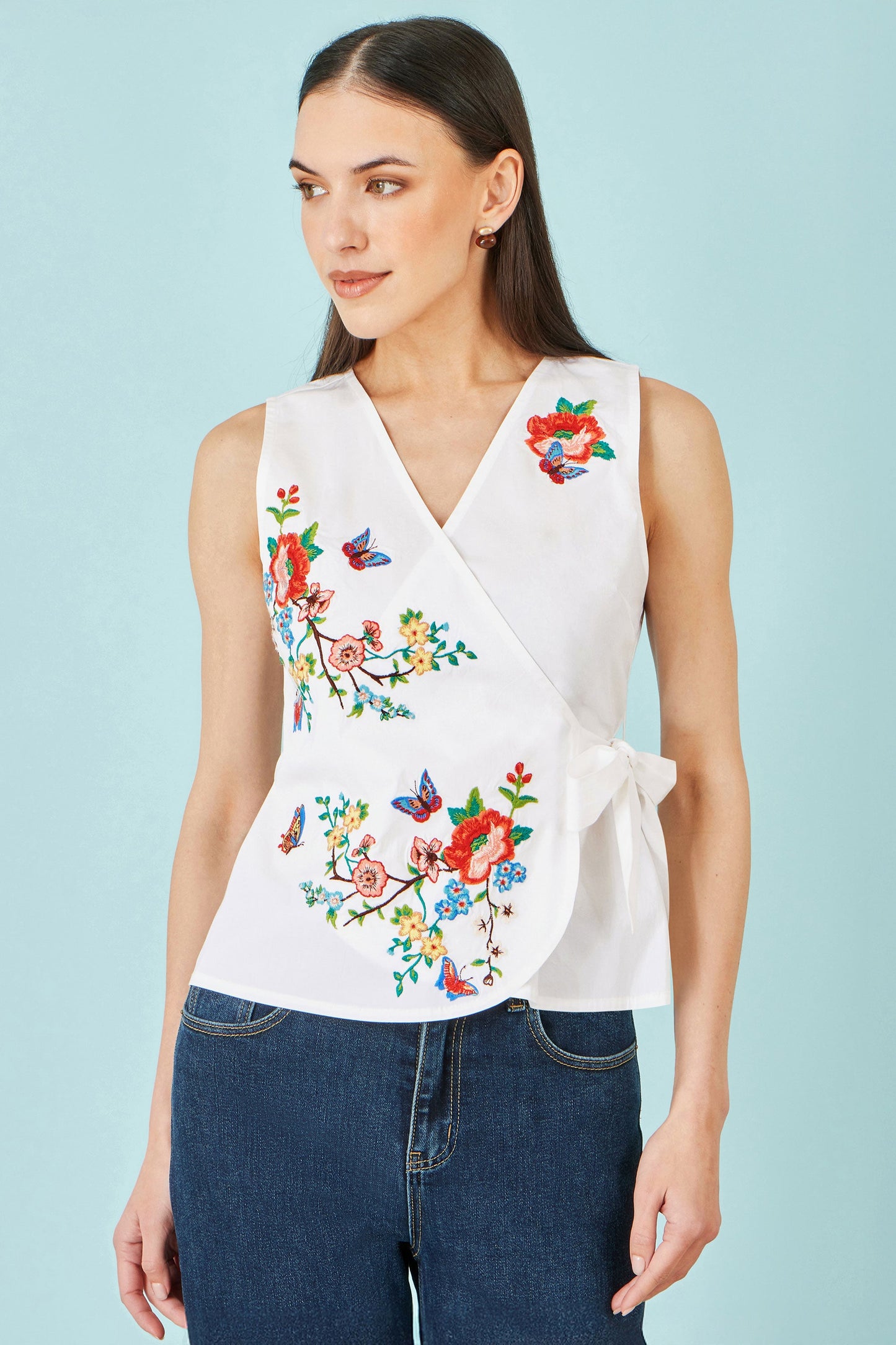 White Stretch Cotton Embroidered Wrap Waistcoat