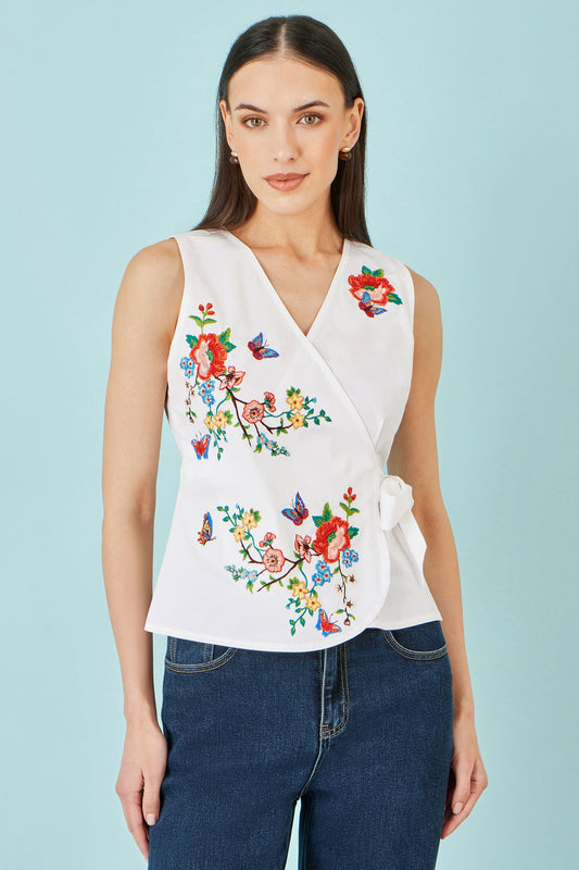 White Stretch Cotton Embroidered Wrap Waistcoat