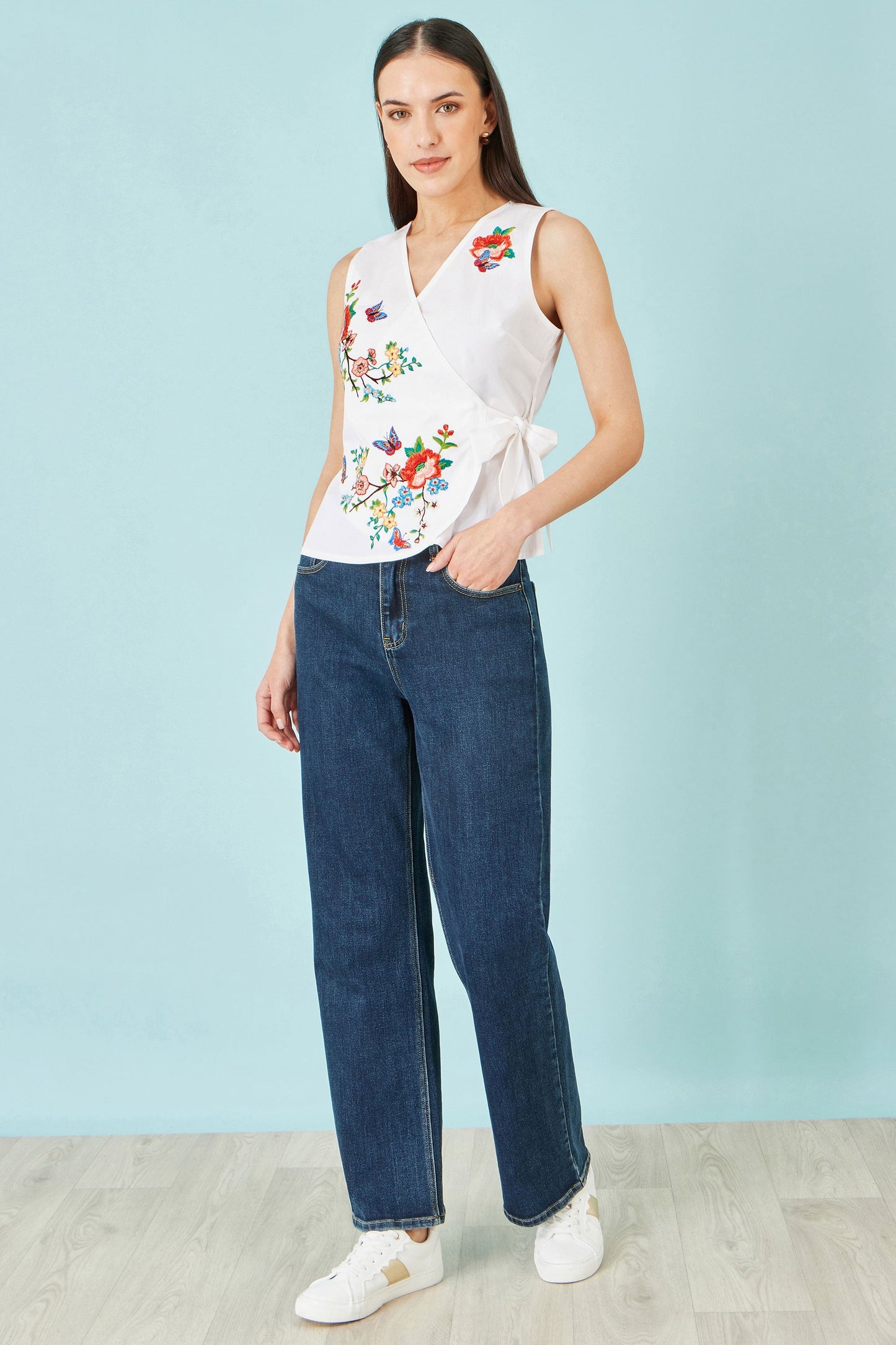 White Stretch Cotton Embroidered Wrap Waistcoat