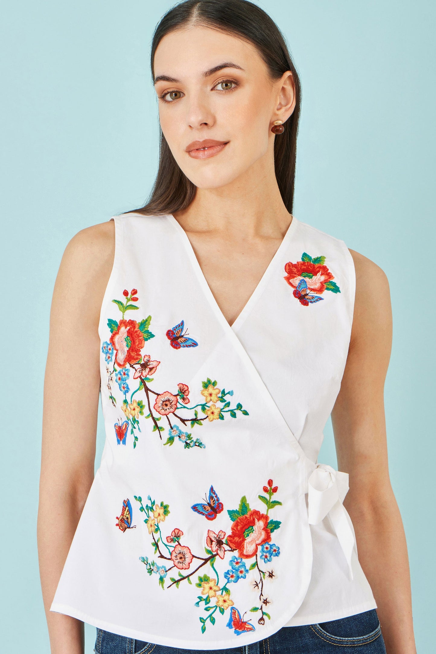 White Stretch Cotton Embroidered Wrap Waistcoat