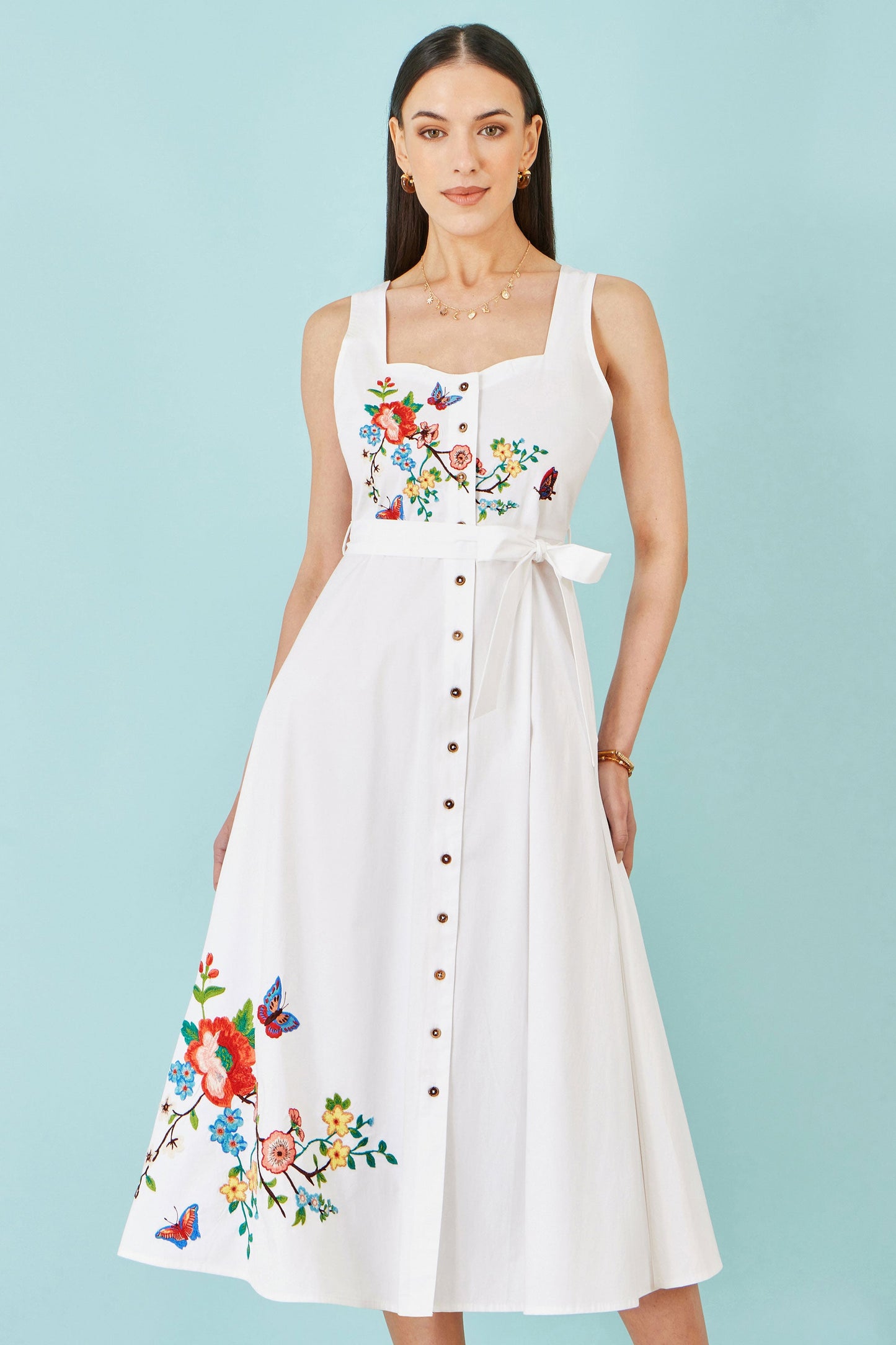 White Cotton Embroidered Midi Dress