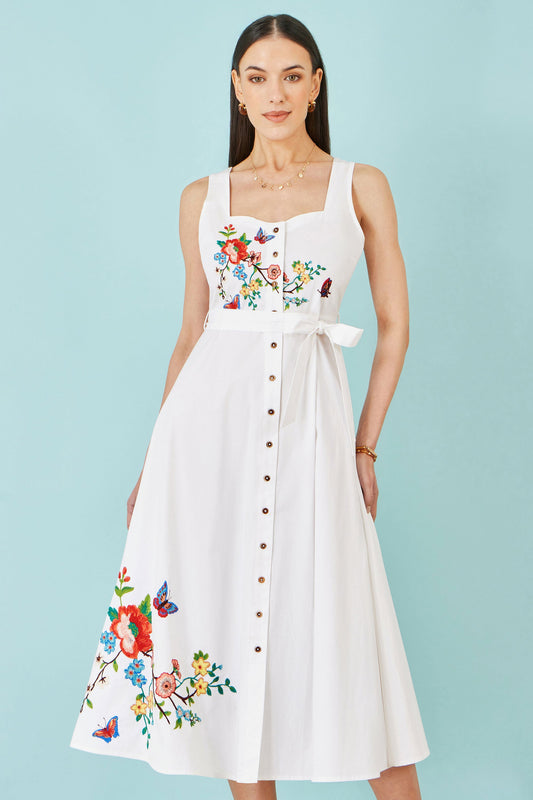 White Cotton Embroidered Midi Dress