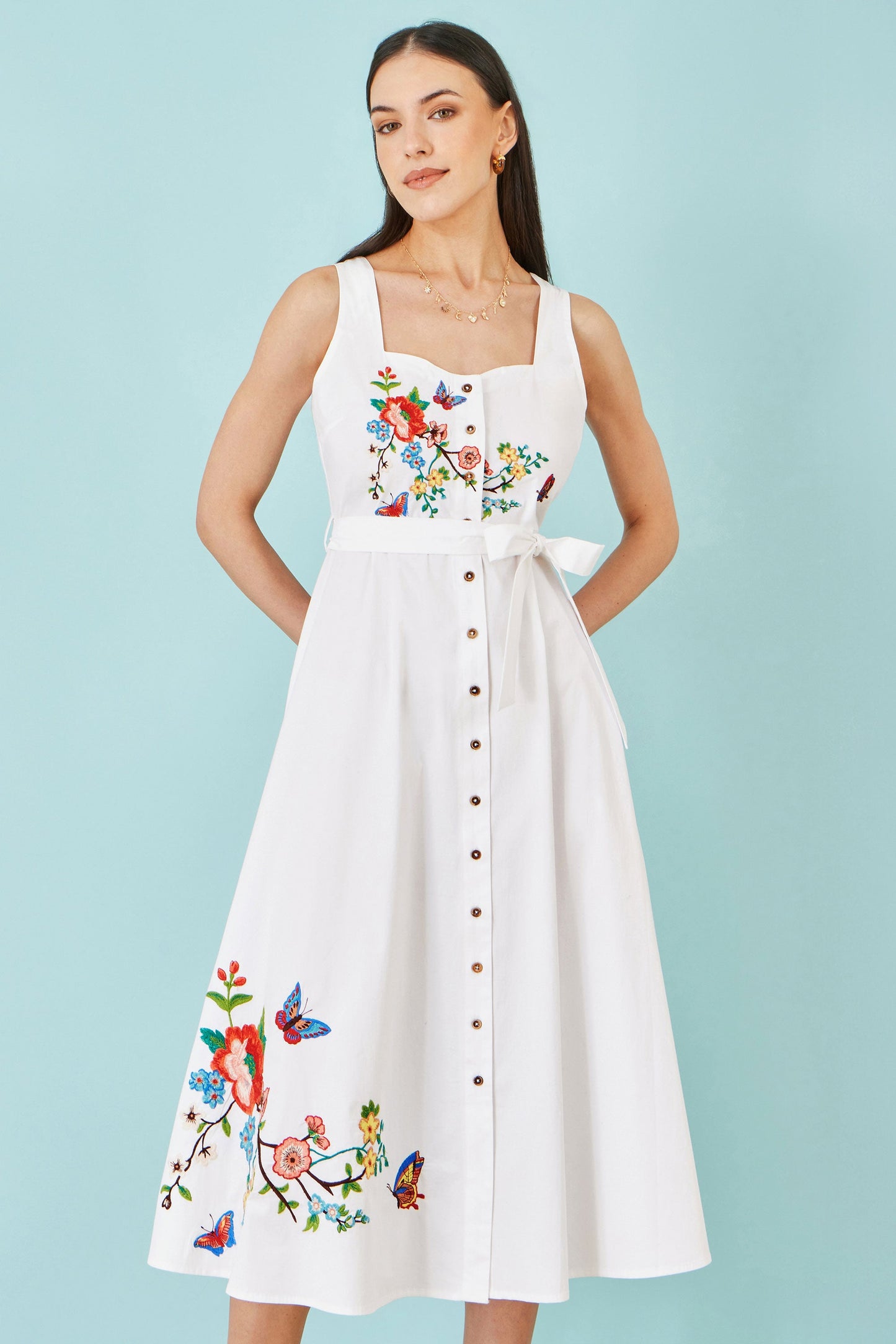 White Cotton Embroidered Midi Dress