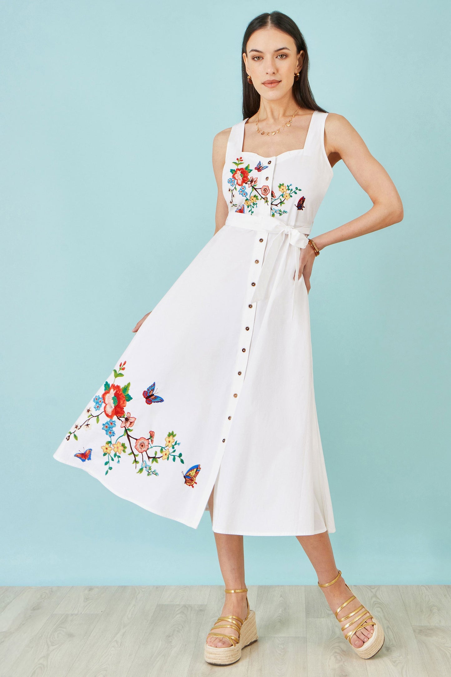 White Cotton Embroidered Midi Dress
