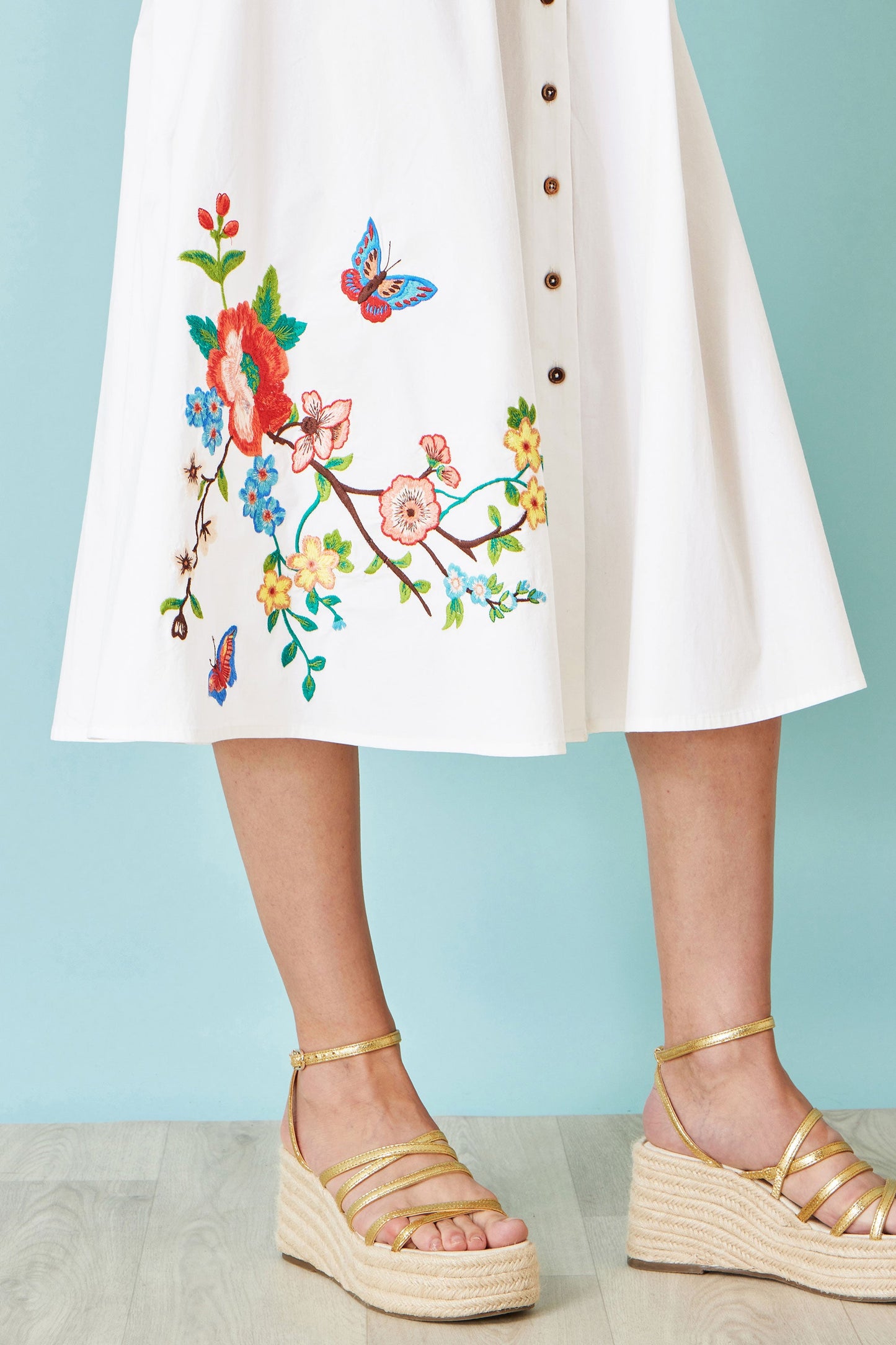 White Cotton Embroidered Midi Dress