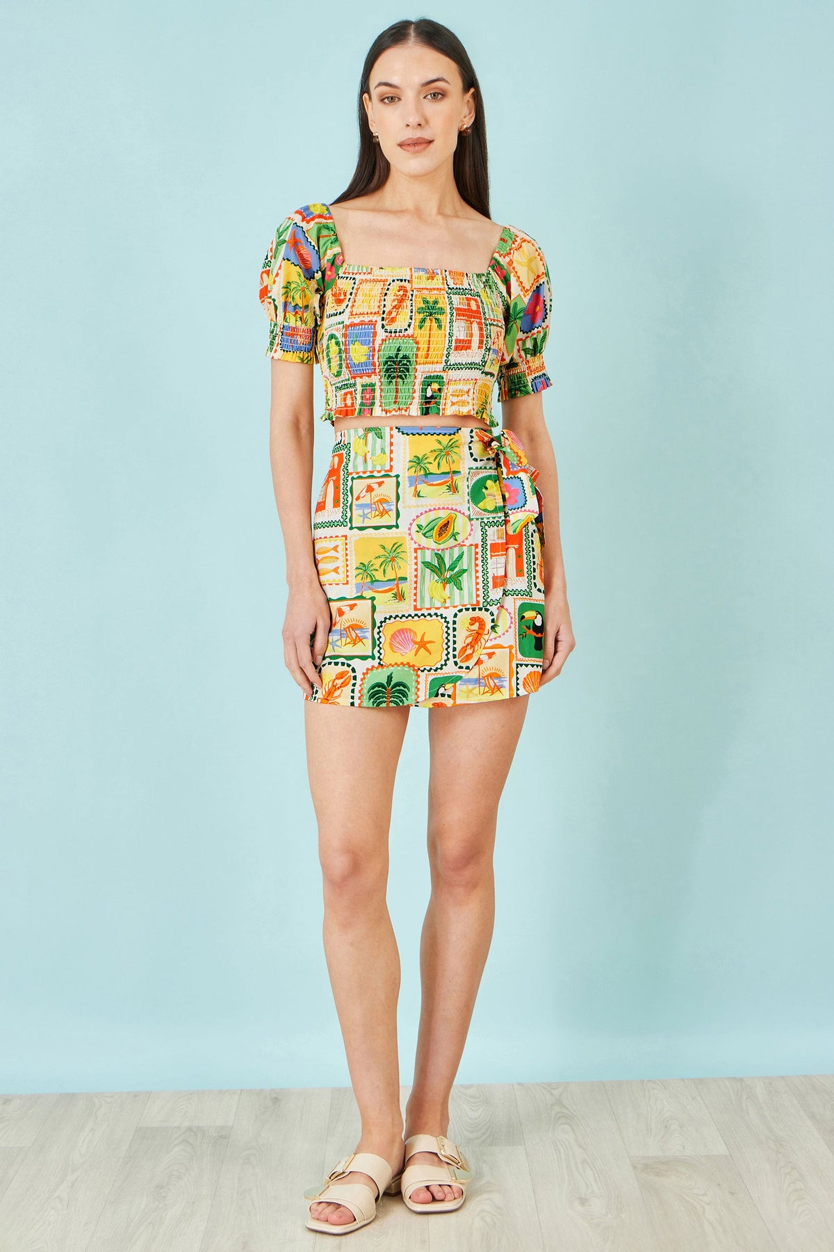 Multicolour Postcard Print Wrap Skirt