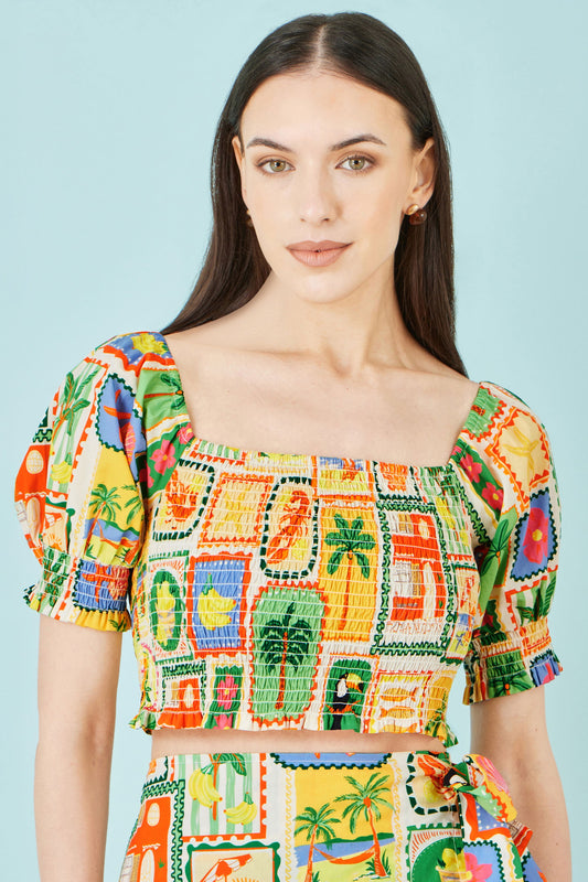 Multicolour Crop Postcard Print Top
