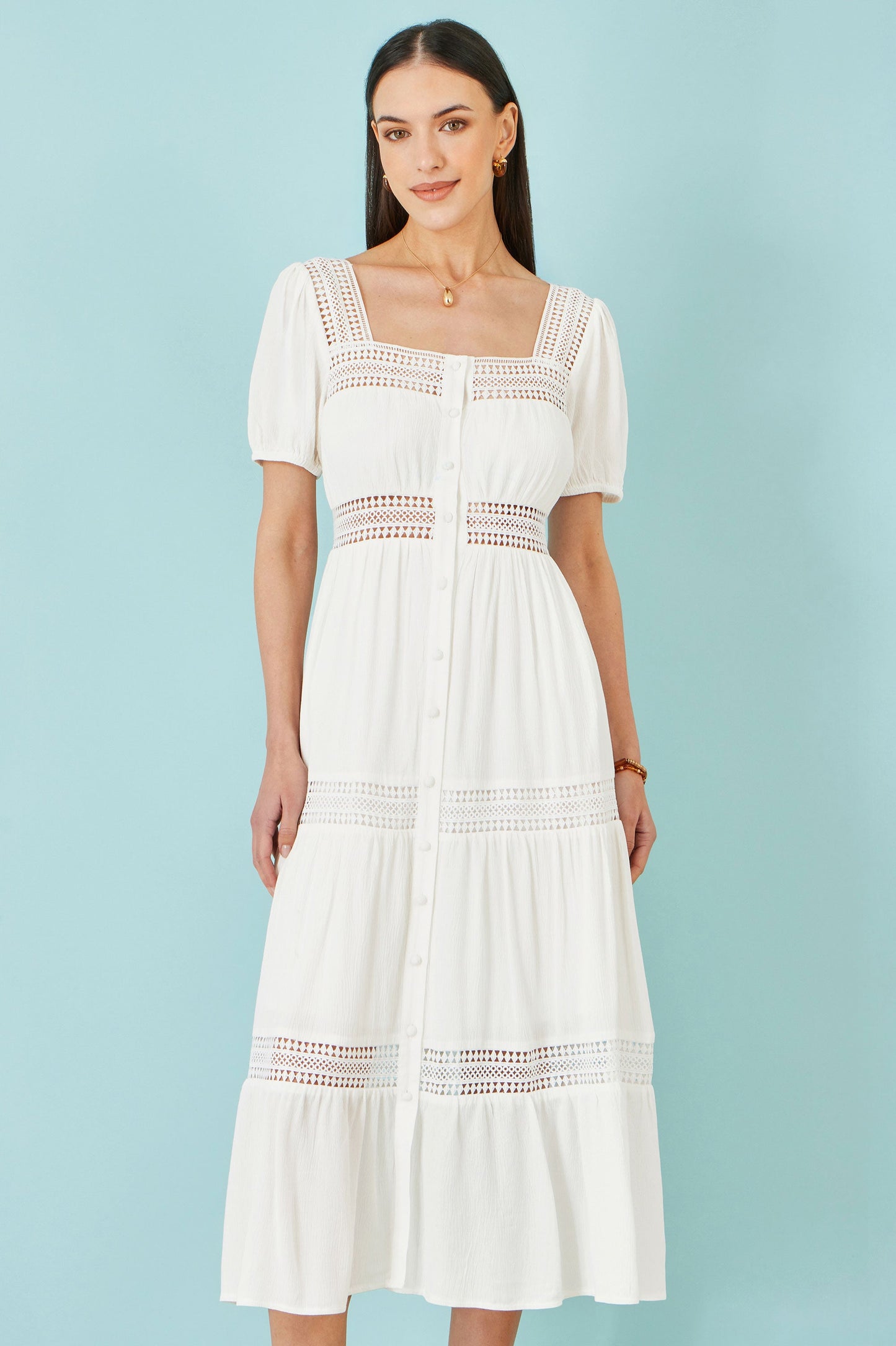 White Cotton Square Neckline Lace Midi Dress