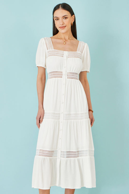 White Cotton Square Neckline Lace Midi Dress