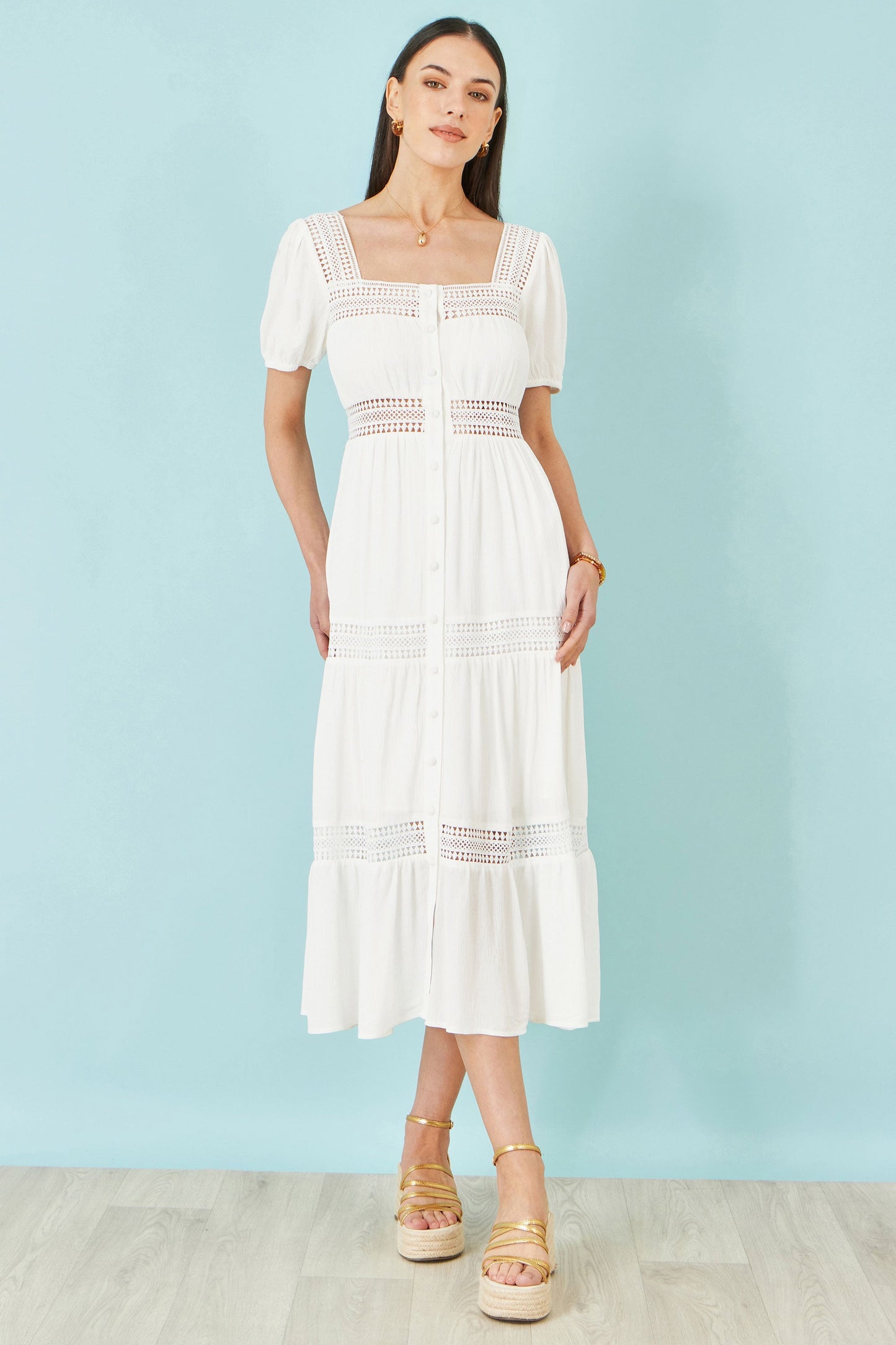 White Cotton Square Neckline Lace Midi Dress
