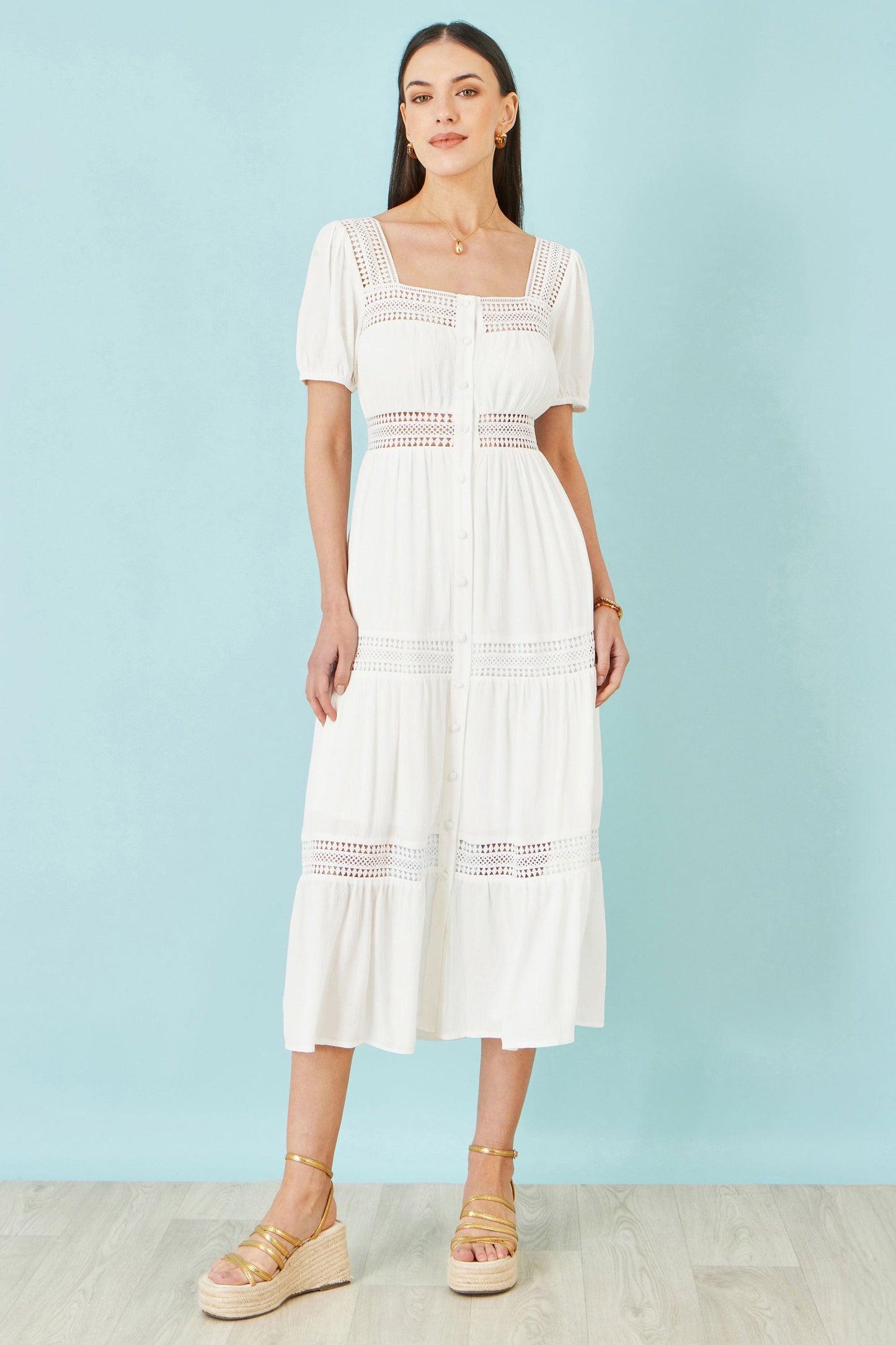 White Cotton Square Neckline Lace Midi Dress