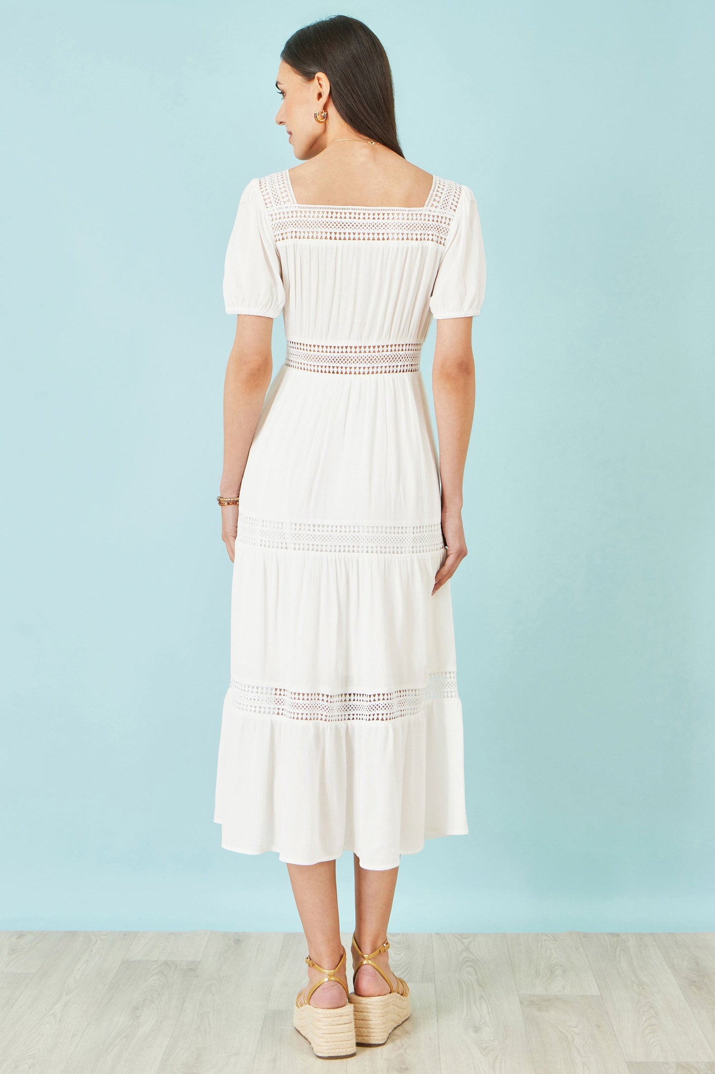 White Cotton Square Neckline Lace Midi Dress