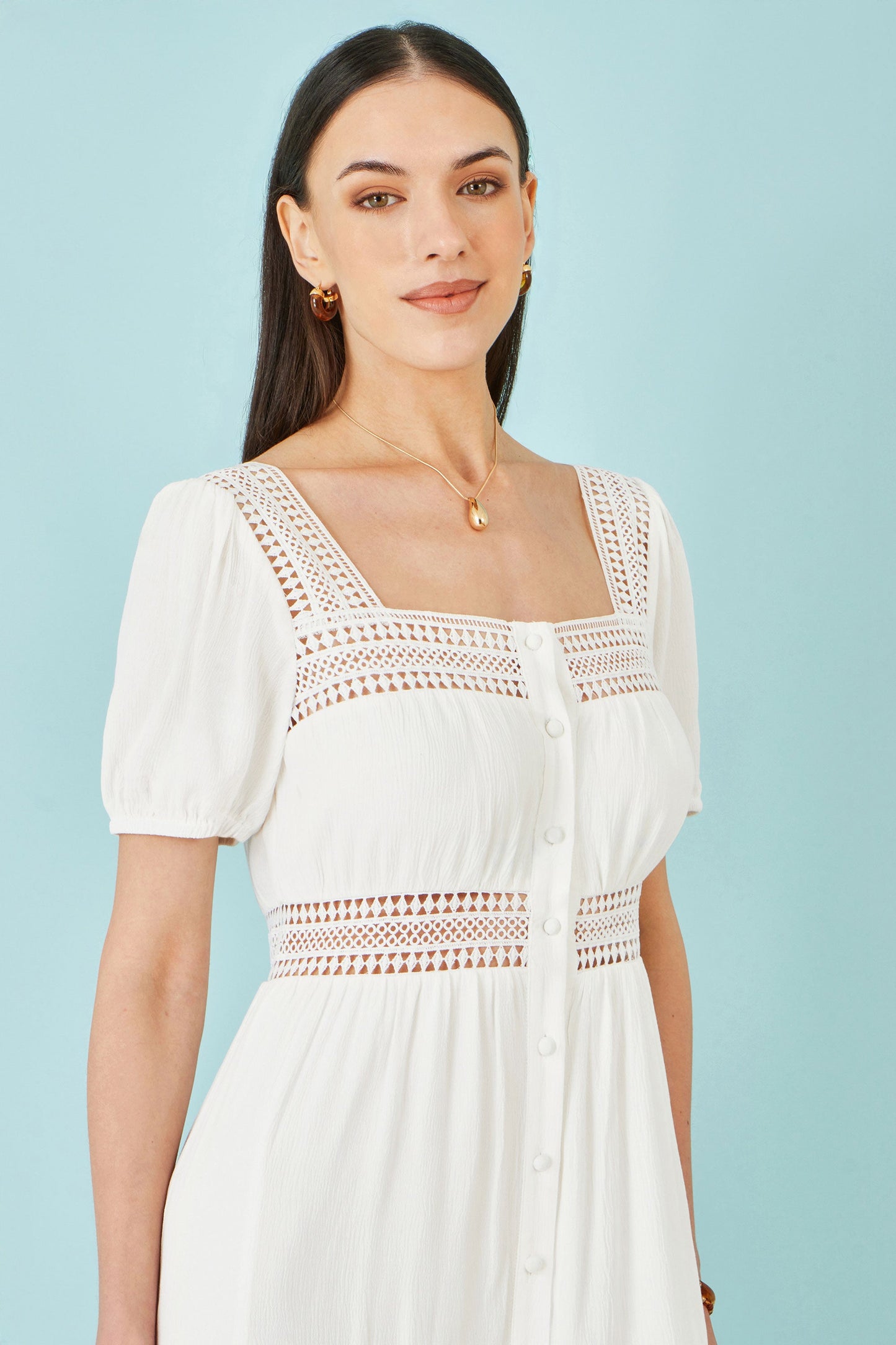 White Cotton Square Neckline Lace Midi Dress