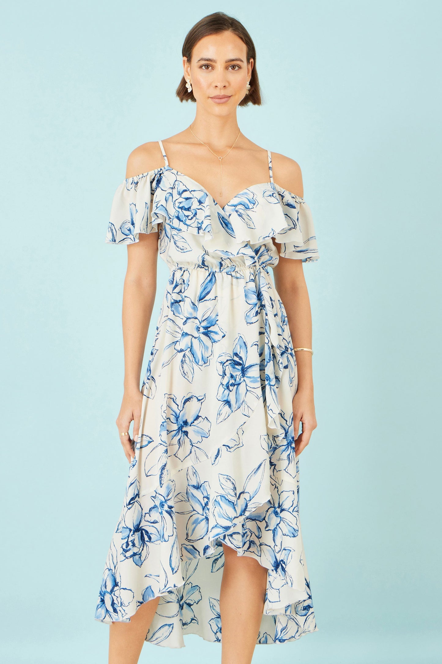 Ivory and Blue Floral Print Bardot Midi Dress With Dip Hem