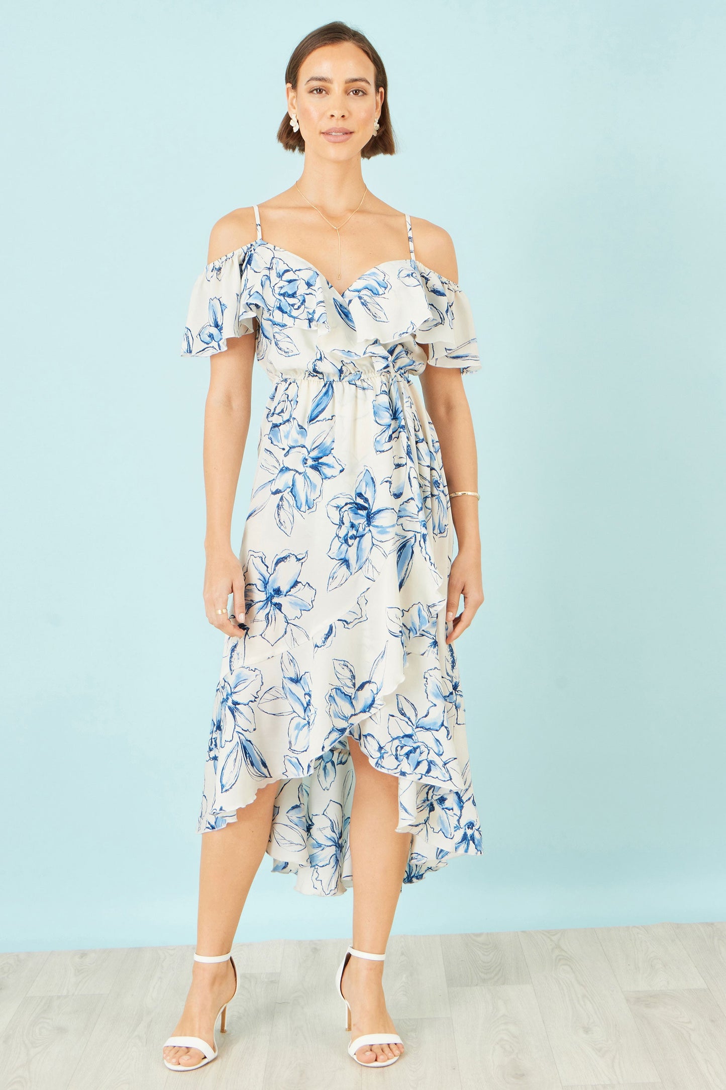 Ivory and Blue Floral Print Bardot Midi Dress With Dip Hem
