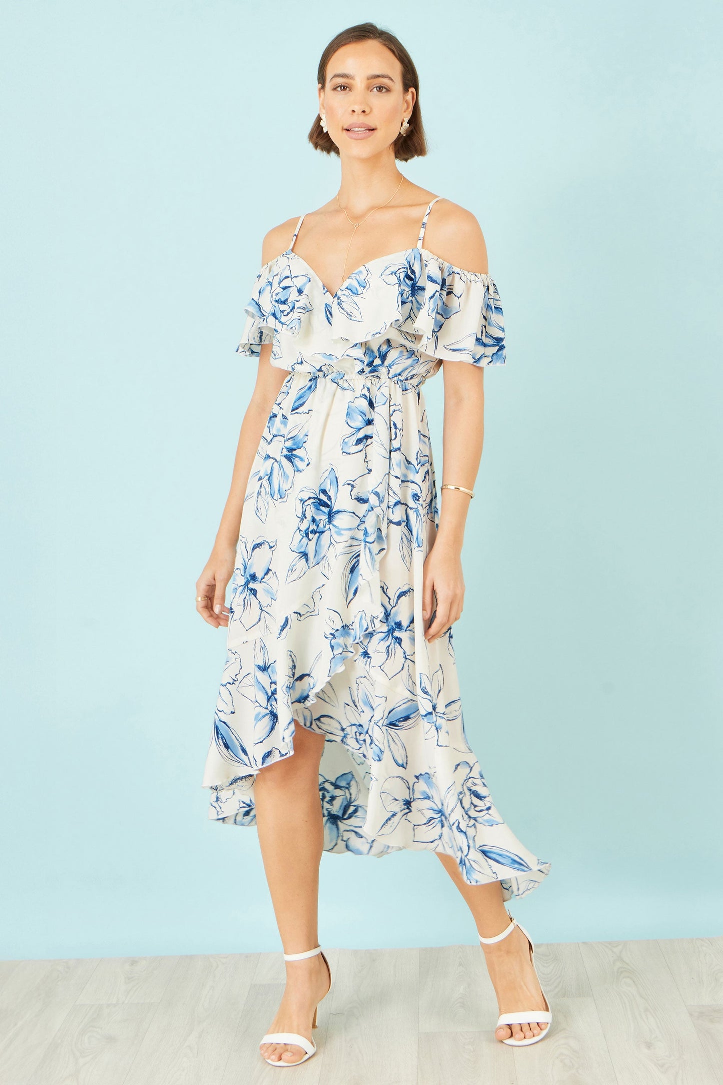 Ivory and Blue Floral Print Bardot Midi Dress With Dip Hem