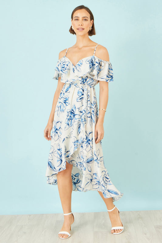 Ivory and Blue Floral Print Bardot Midi Dress With Dip Hem