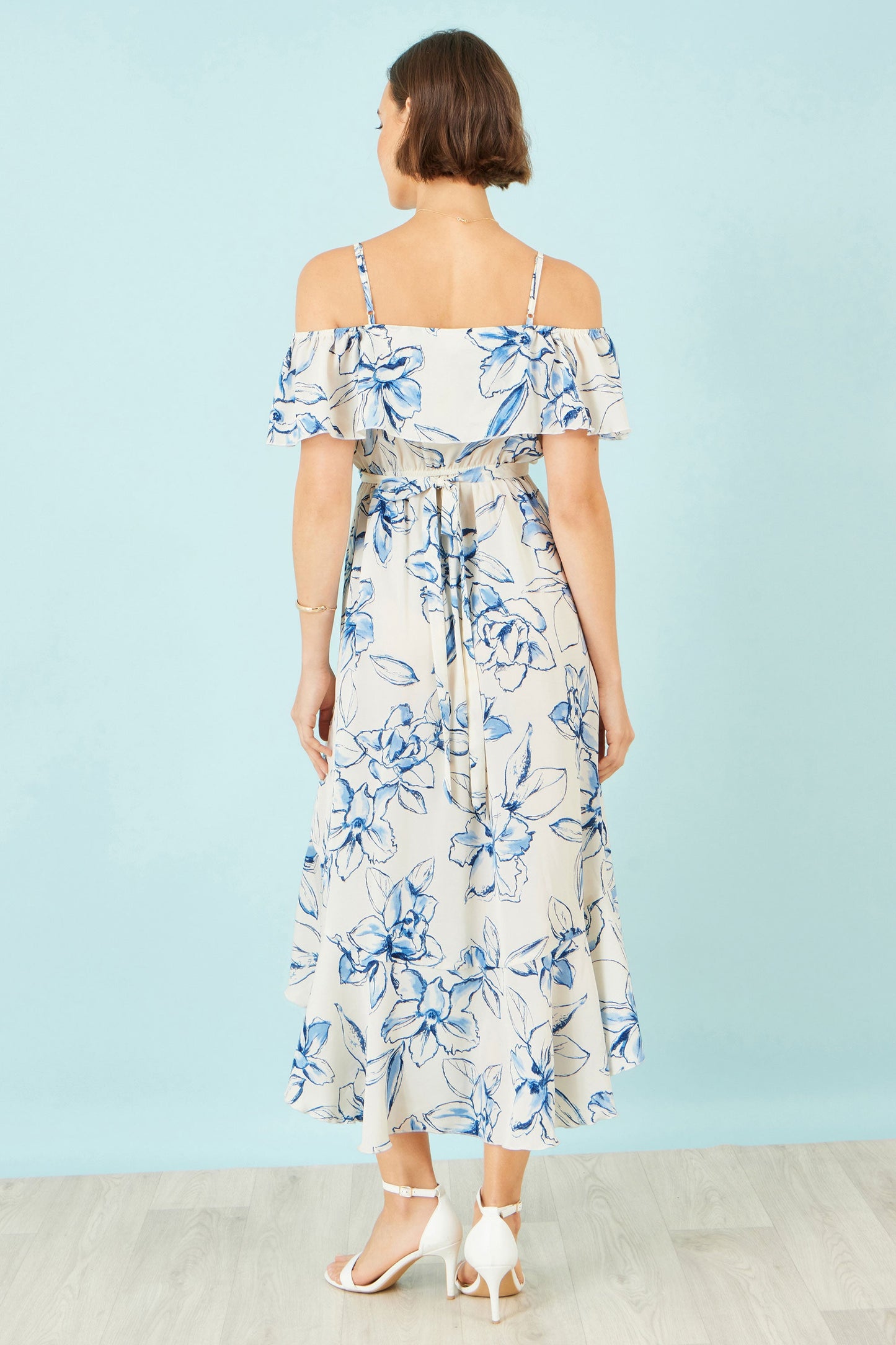 Ivory and Blue Floral Print Bardot Midi Dress With Dip Hem