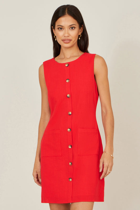 Red Viscose Button Detail Shift Dress