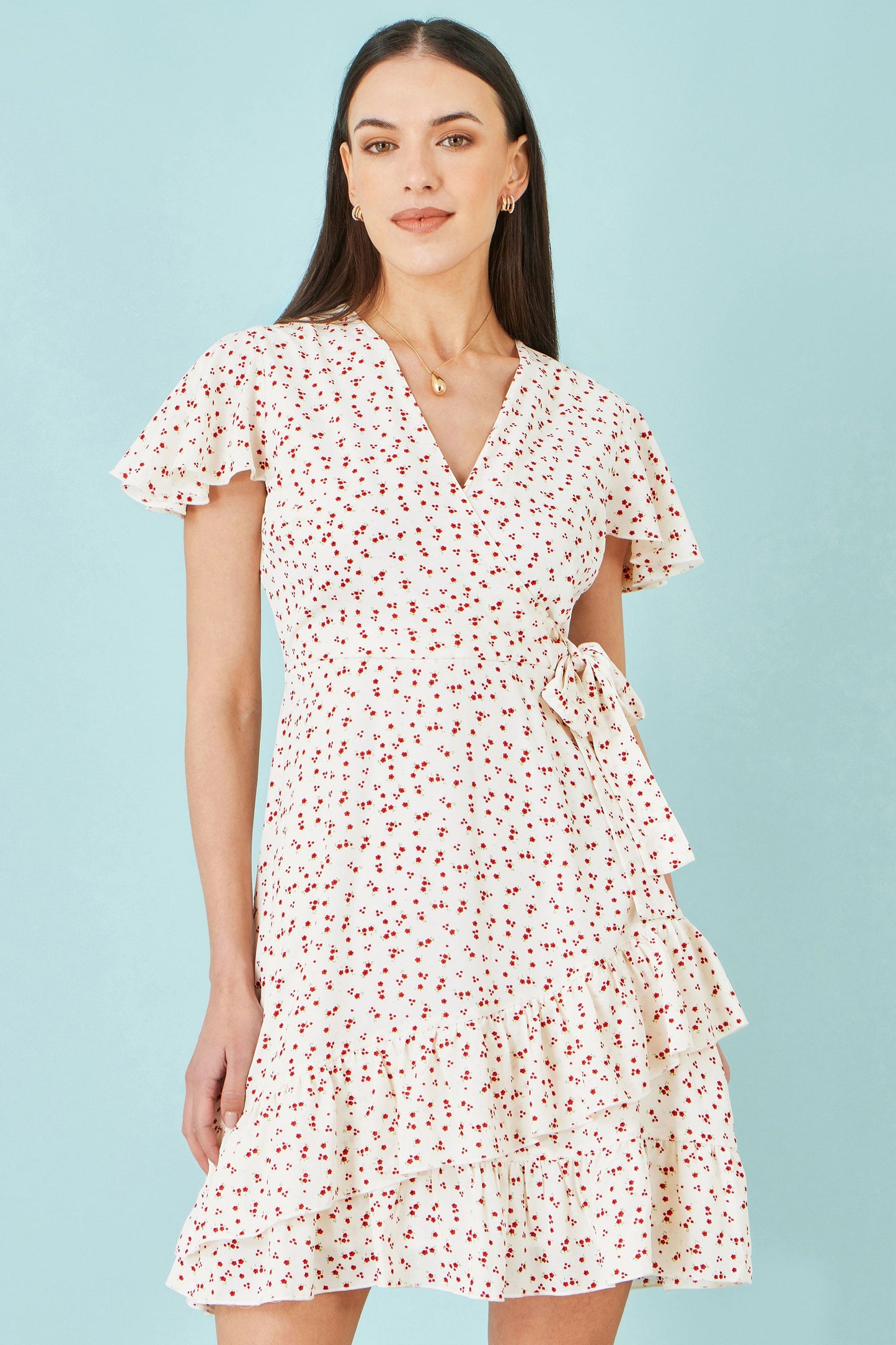 White Ditsy Print Frill Wrap Dress