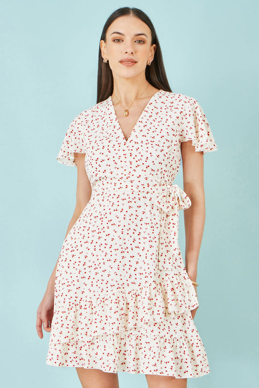 White Ditsy Print Frill Wrap Dress