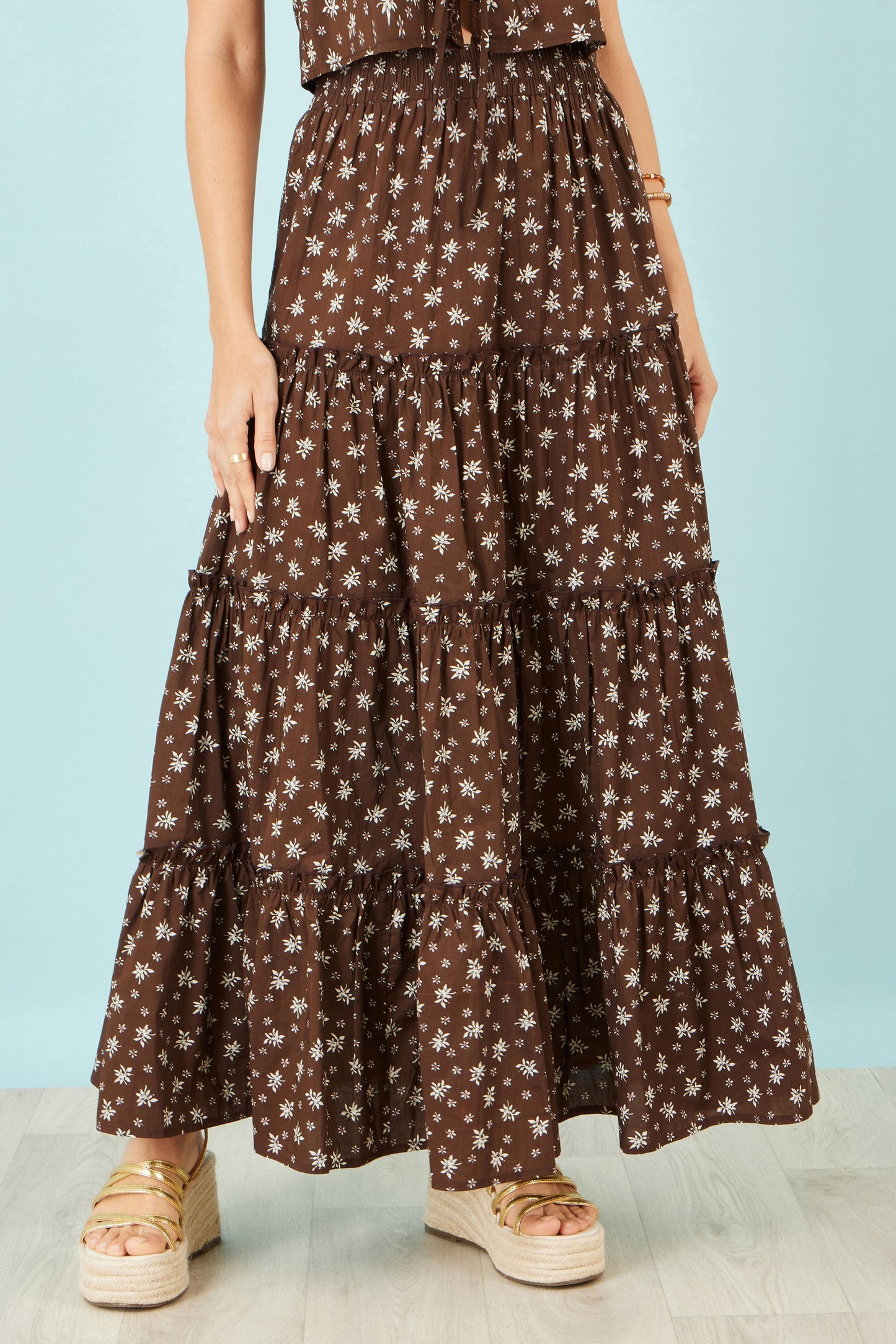 Brown Daisy Print Maxi Skirt