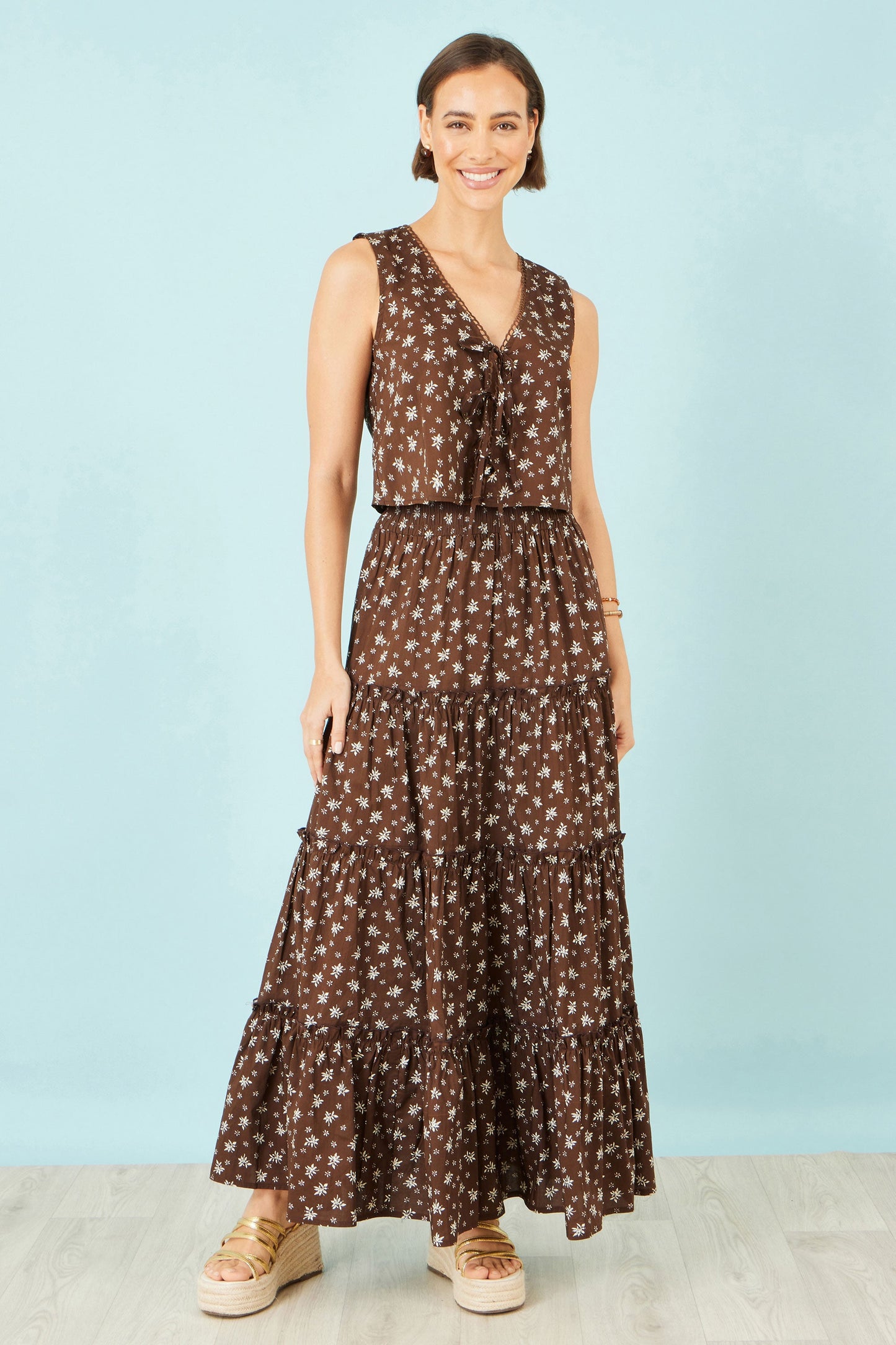 Brown Daisy Print Maxi Skirt